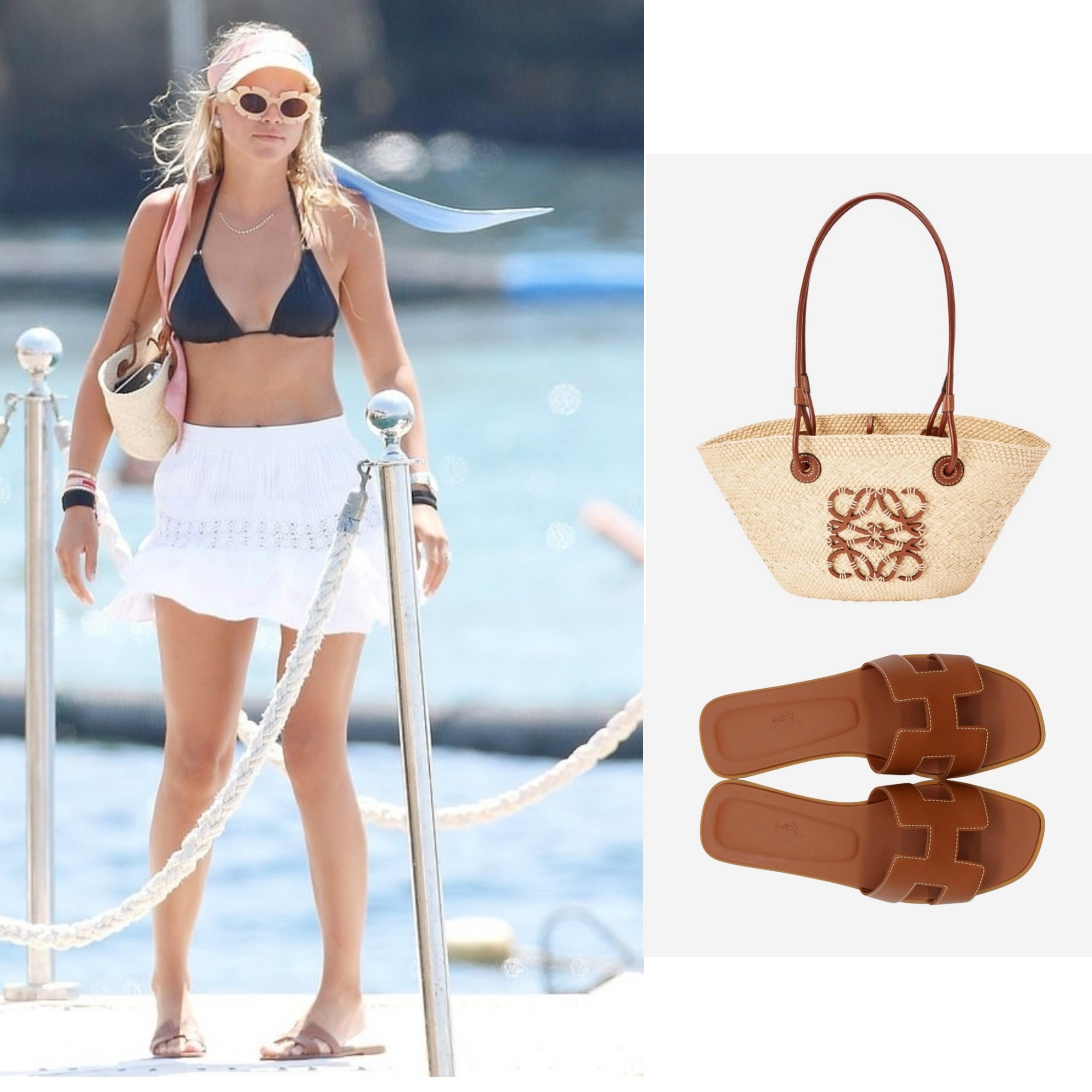 Loewe Small Anagram Basket Bag in Iraca Palm and Calfskin Natural Tan, (W) Hermes Oran Sandal Calfskin & Gold Piqures Ecrues 착용 스타일