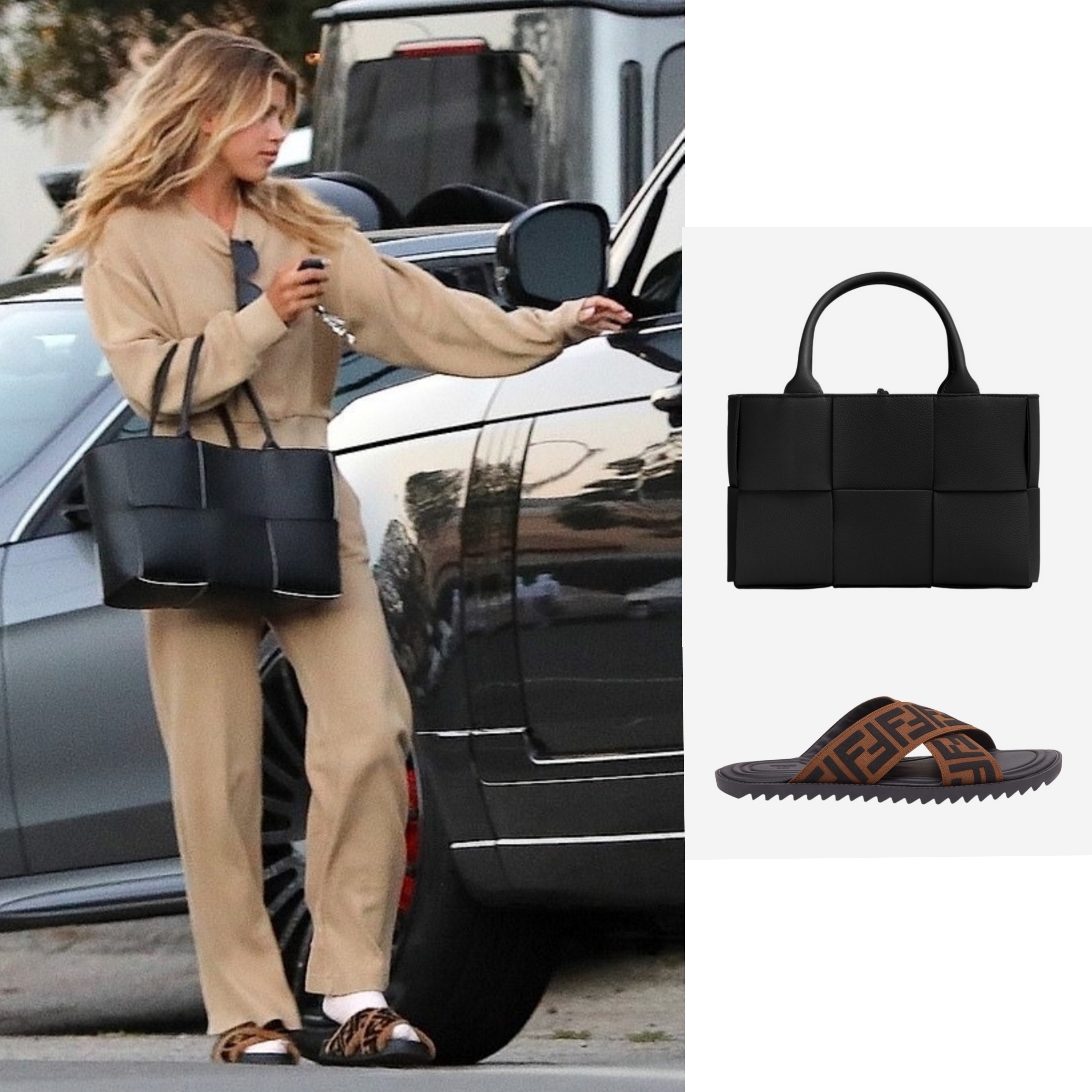 Fendi Crossed Elastic Fabric Slides Brown, Bottega Veneta Mini Arco Tote Bag Black 착용 스타일