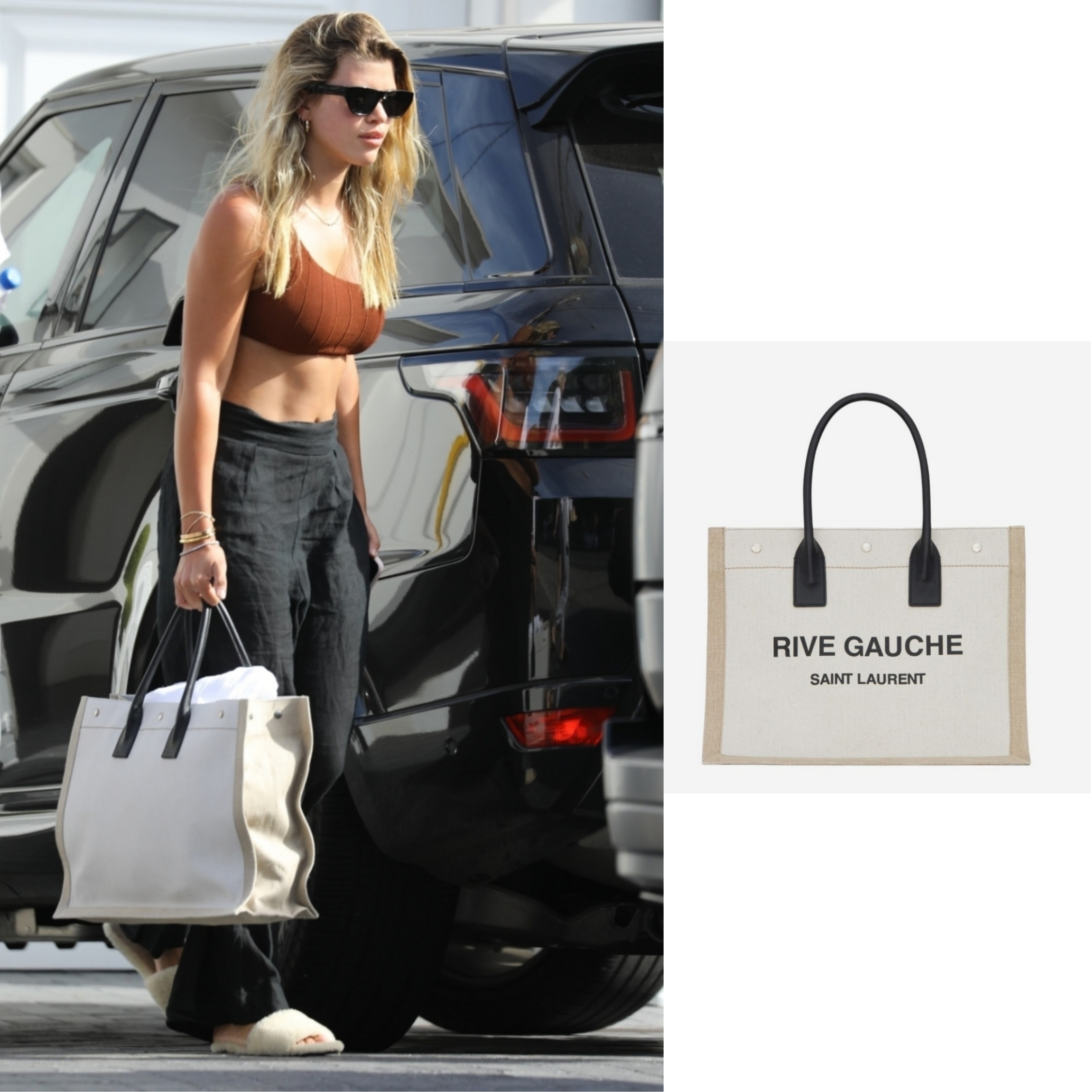 Saint Laurent Rive Gauche Small Tote Bag in Linen and Leather Grege Black Natural Black, Saint Laurent Rive Gauche Tote Bag in Linen and Leather White Linen 착용 스타일