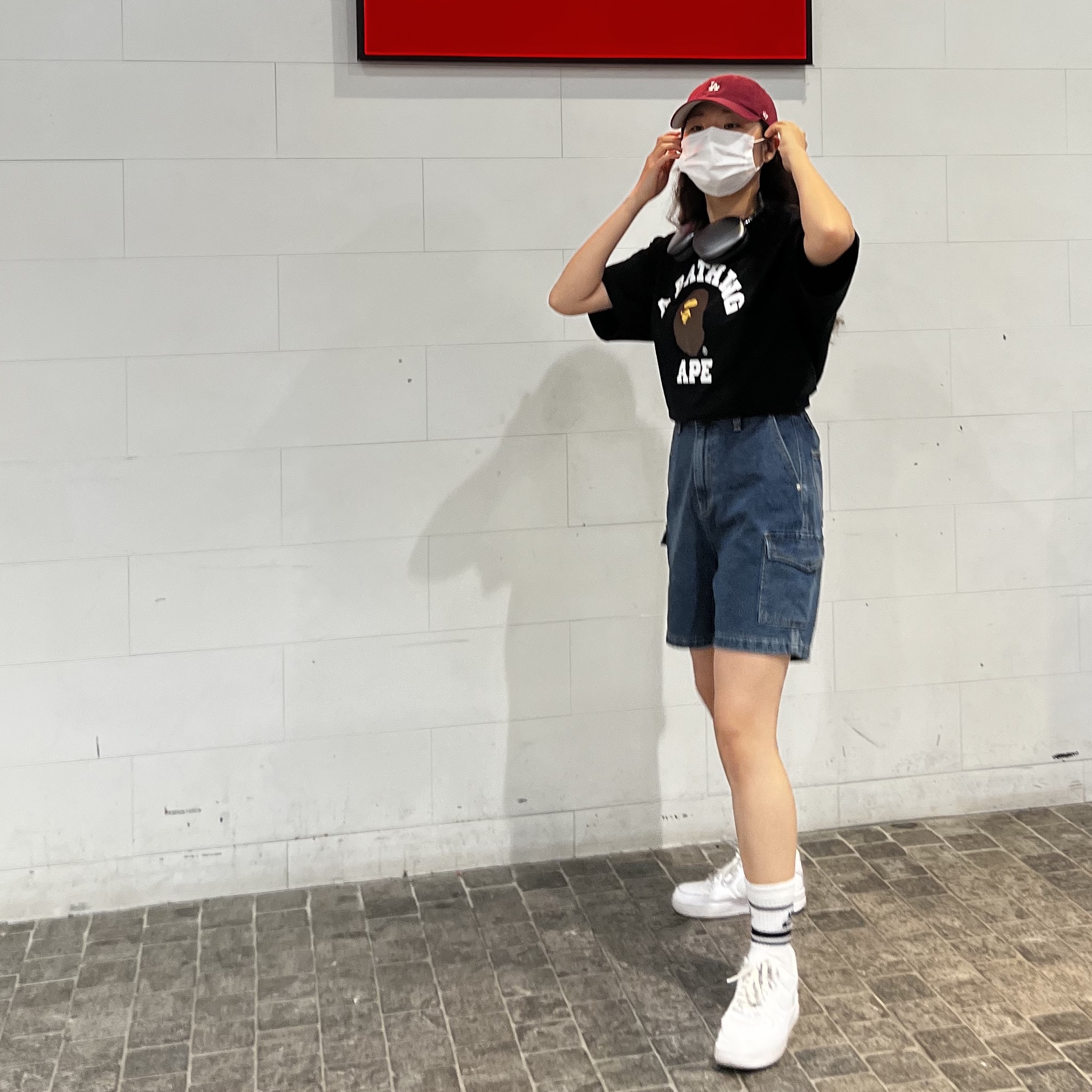 Bape Sand Camo College T-Shirt Black Navy, Nike Air Force 1 '07 Low White 착용 스타일