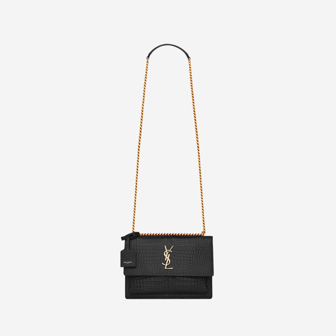 Saint Laurent Sunset Medium Chain Bag in Crocodile-Embossed Shiny Leather Noir 상세 이미지 1