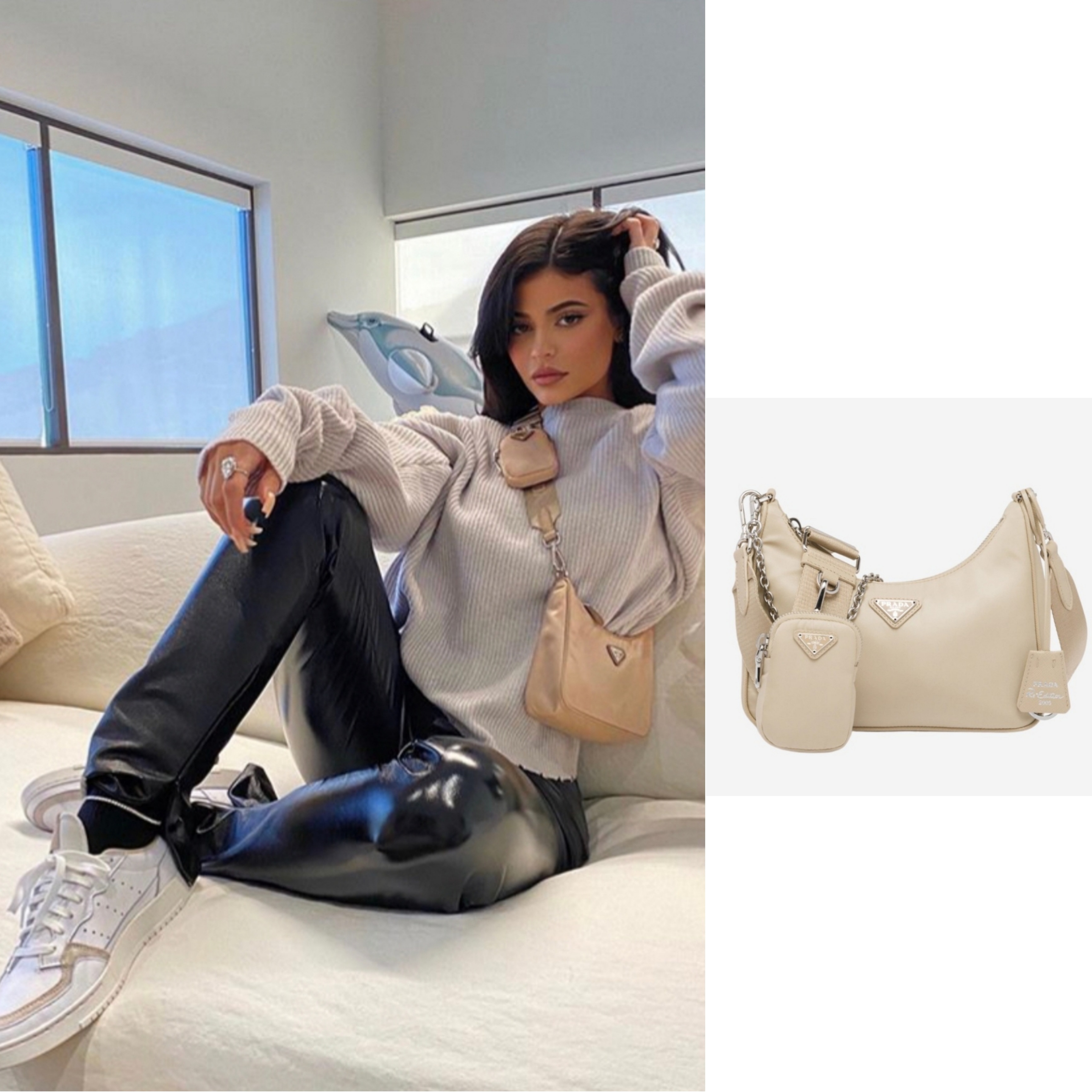 Prada Re-Edition 2005 Re-Nylon Shoulder Bag Black, Prada Re-Edition 2005 Saffiano Leather Shoulder Bag Cameo Beige 착용 스타일