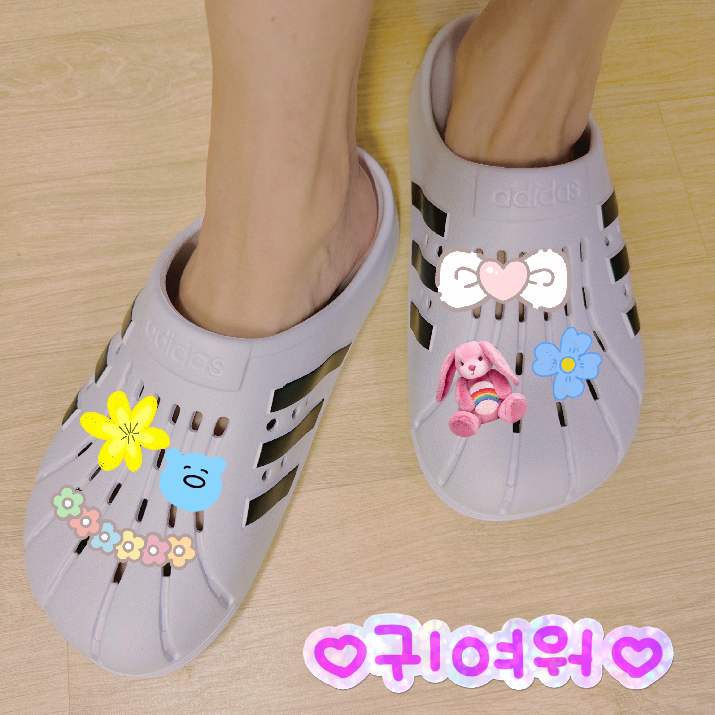Adidas Adilette Clog White Black 착용 스타일