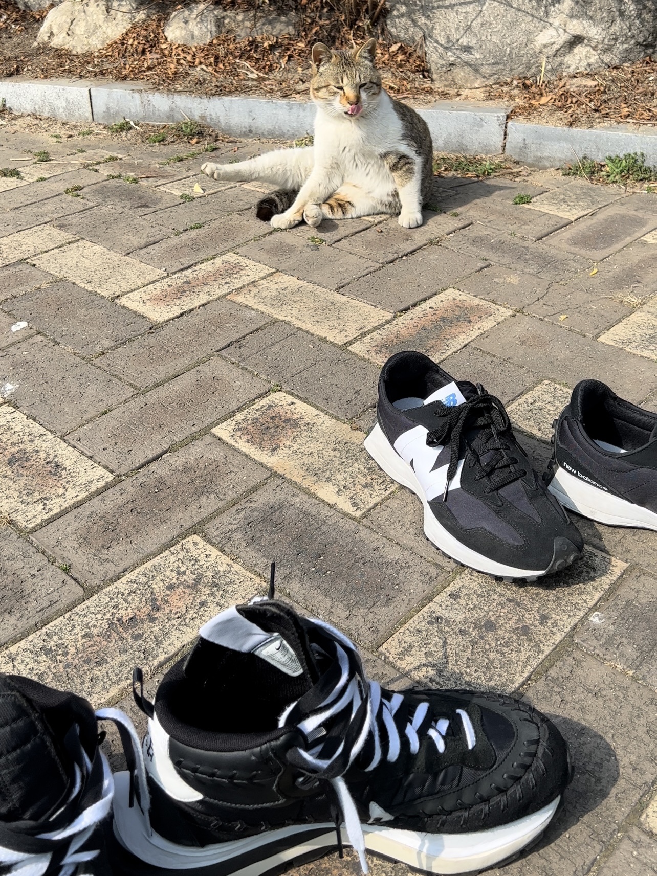 Nike x Sacai x Jean Paul Gaultier VaporWaffle Black White, New Balance 327 Black 착용 스타일 - 2