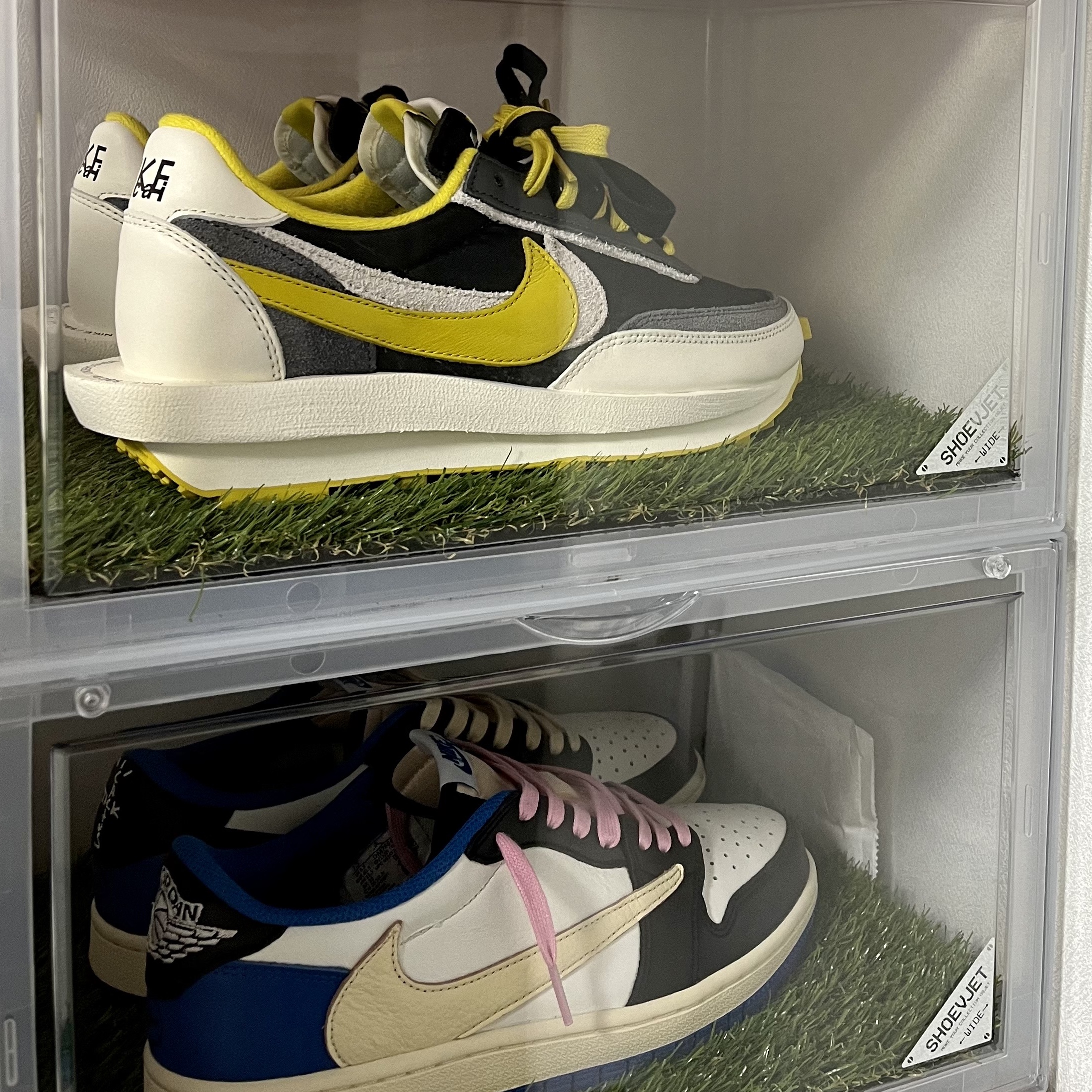 Nike x Sacai x Undercover LDWaffle Black Bright Citron, Jordan 1 x Travis Scott x Fragment Retro Low OG SP Military Blue 착용 스타일 - 2