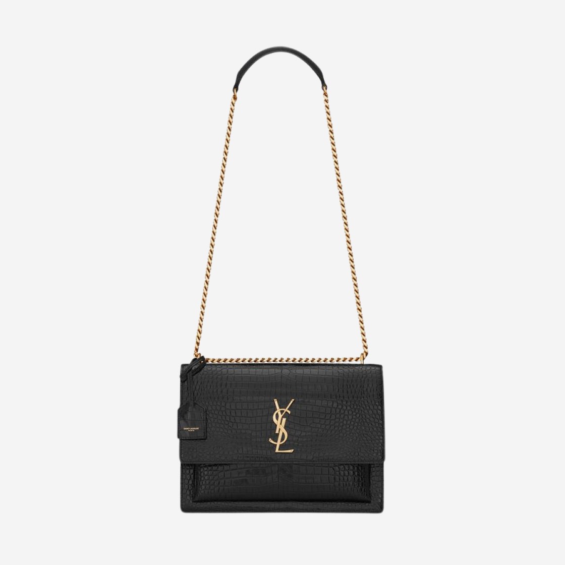 Saint Laurent Sunset Large Chain Bag In Crocodile-Embossed Shiny Leather Noir 상세 이미지 1