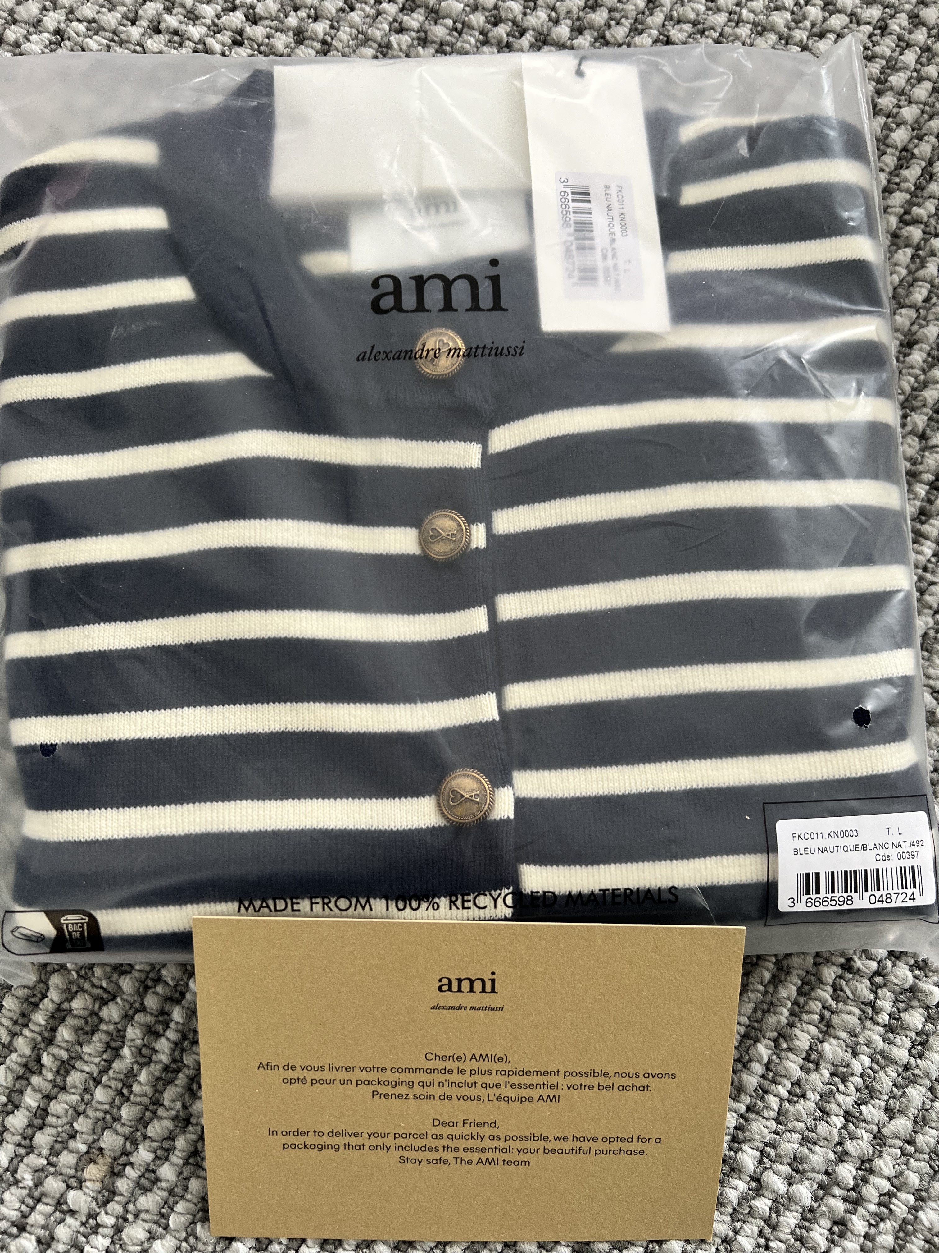 (W) AMI Sailor Cardigan Nautic Blue Natural White 착용 스타일 - 1