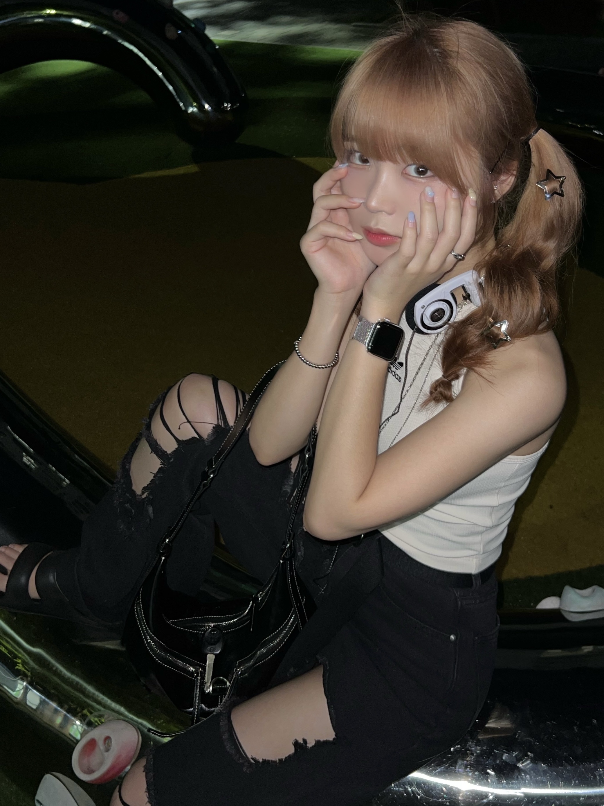 Matin Kim Zipper Leather Round Bag Brown, (W) Adidas Crop Tank Top Black - KR Sizing 착용 스타일 - 1
