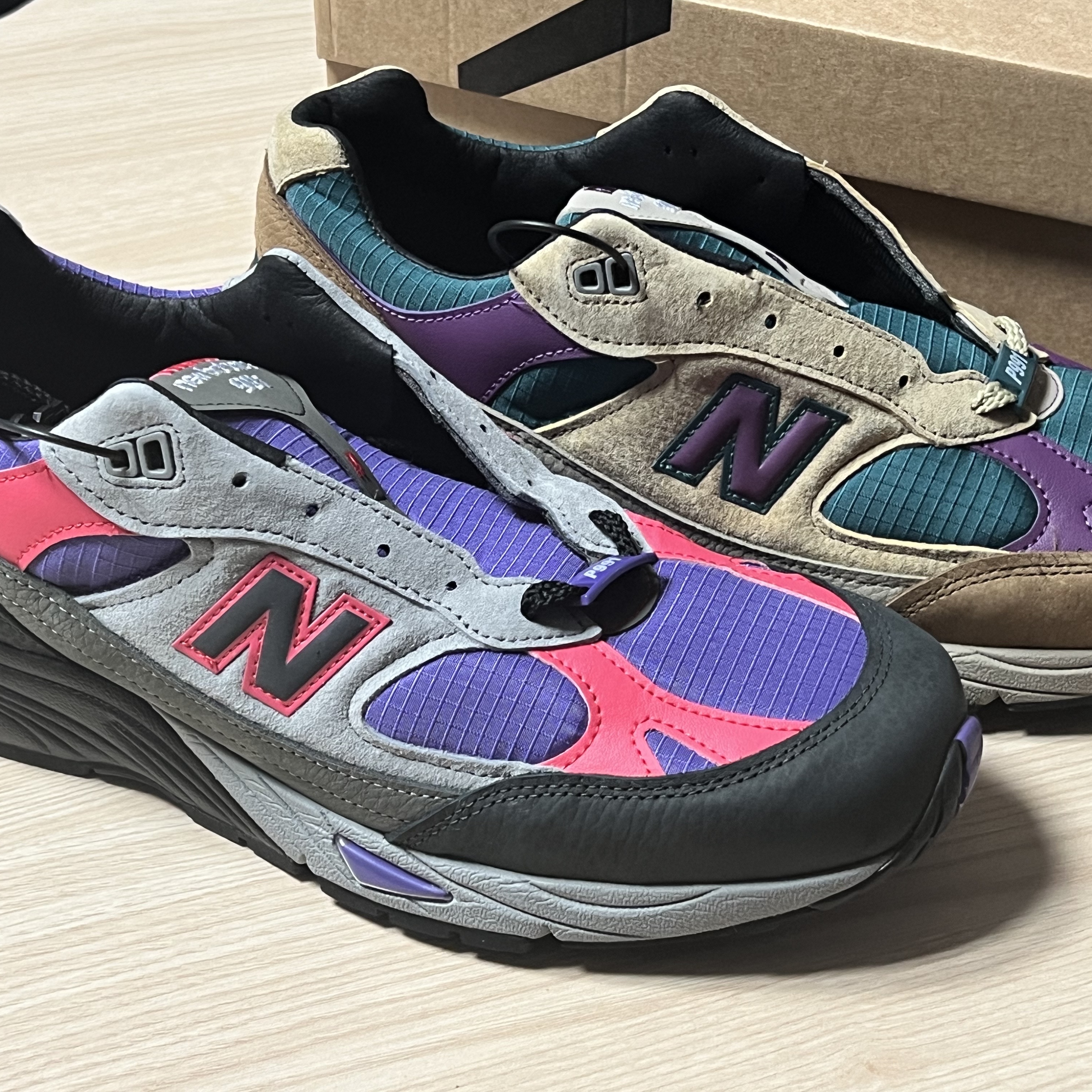 New Balance x Palace 991 Made in UK Black Ultra Violet, New Balance x Palace 991 Made in UK Teal Brown 착용 스타일