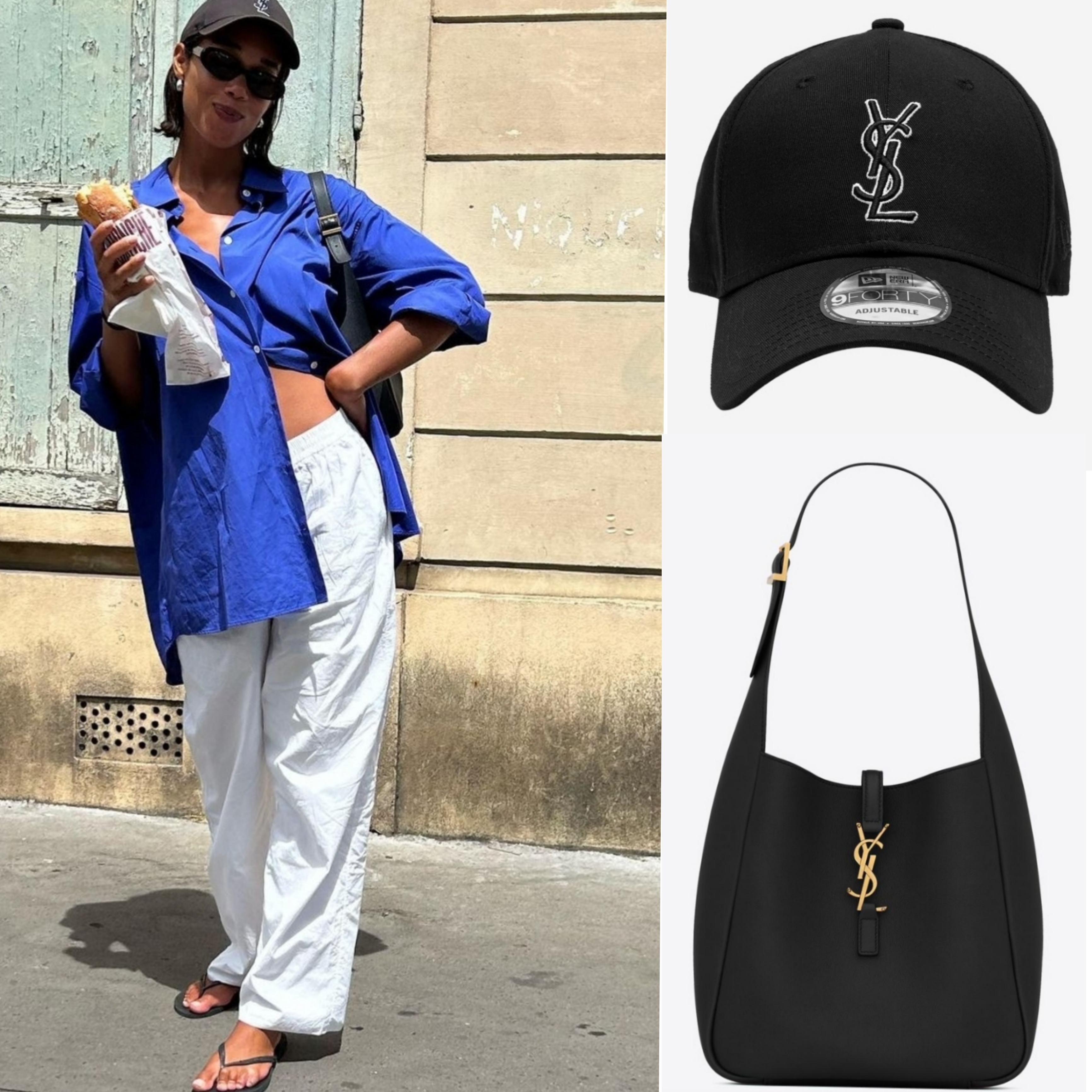 Saint Laurent x New Era YSL Monogram Cap Black, Saint Laurent Small Le 5 A 7 Supple Shoulder Bag Black 착용 스타일
