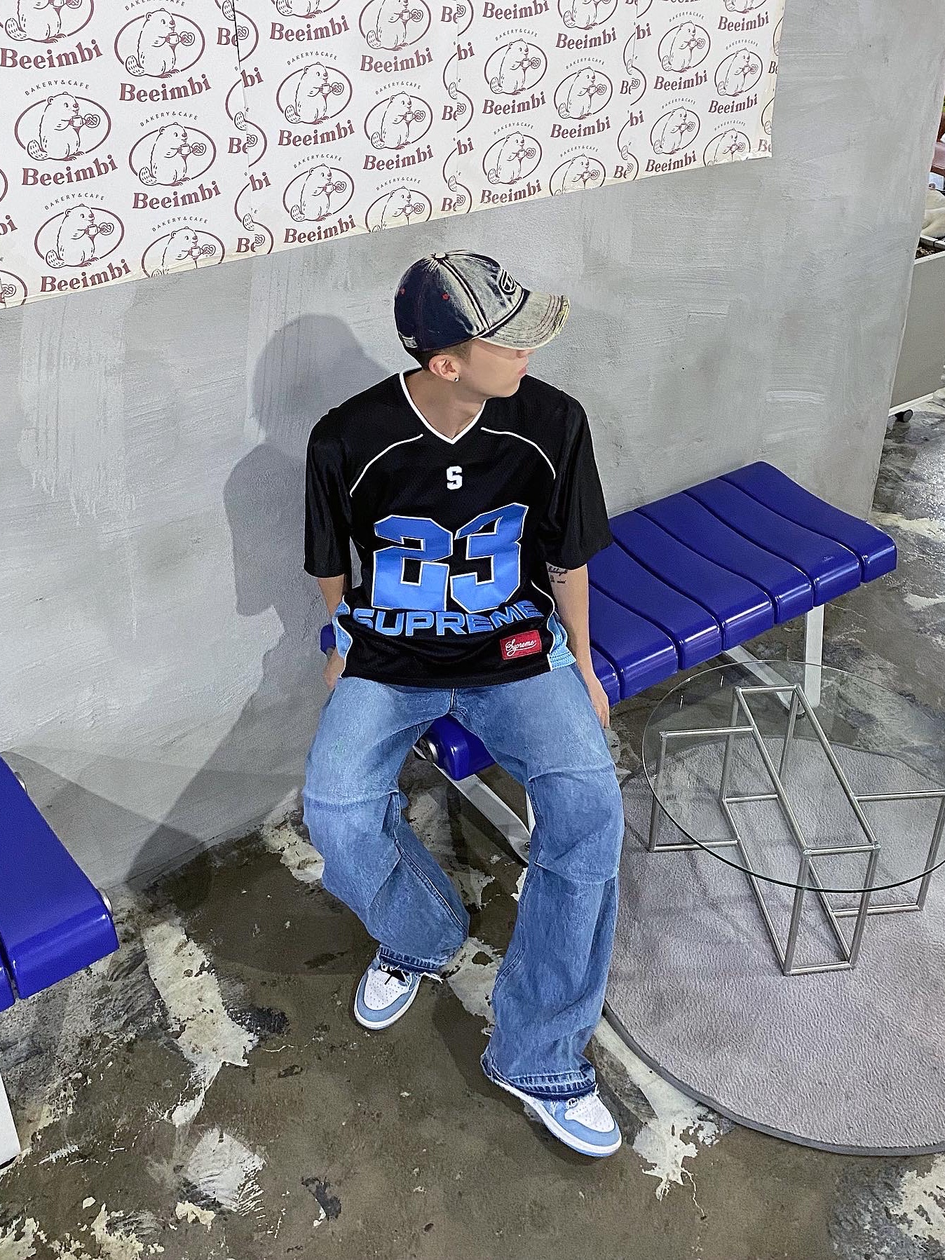 Diesel C-Seymon Treated Denim Baseball Cap Blue White, Supreme Perfect Season Football Jersey Black - 23SS 착용 스타일 - 1