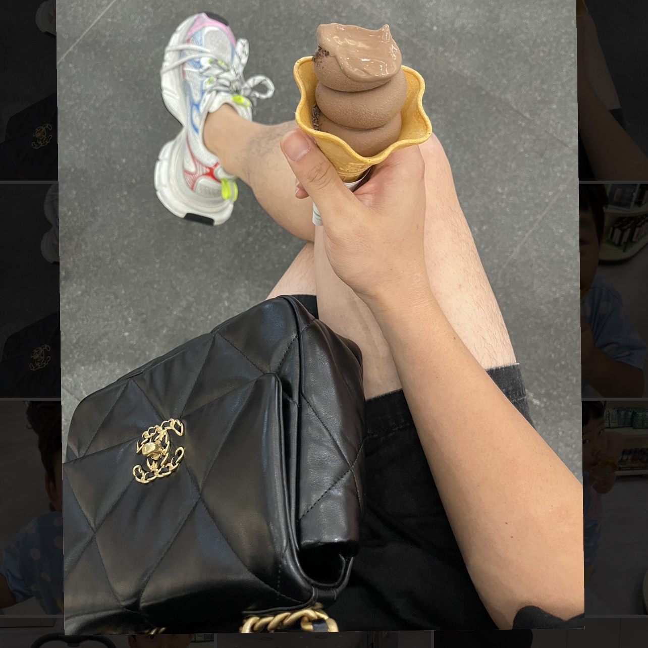 Chanel Medium 19 Handbag Lambskin & Gold Black, Balenciaga 3XL Sneakers White Red Blue 착용 스타일