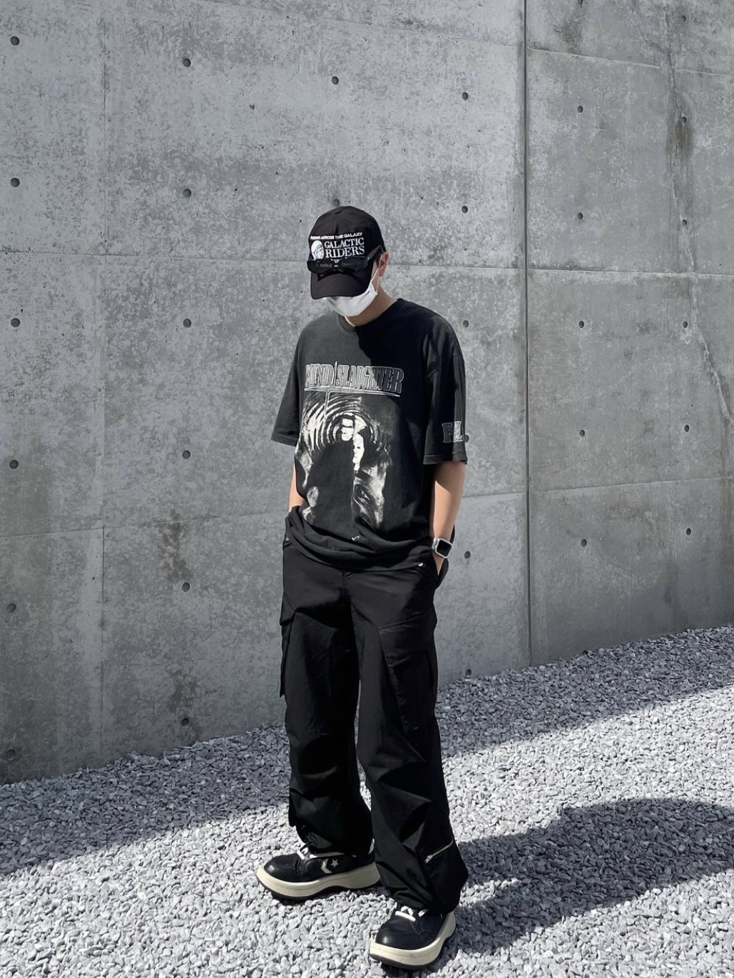 Project G/R Mind Slaughter Vintage Washeed T-Shirt Black, Converse x Drkshdw Turbowpn Black Cream 착용 스타일 - 2