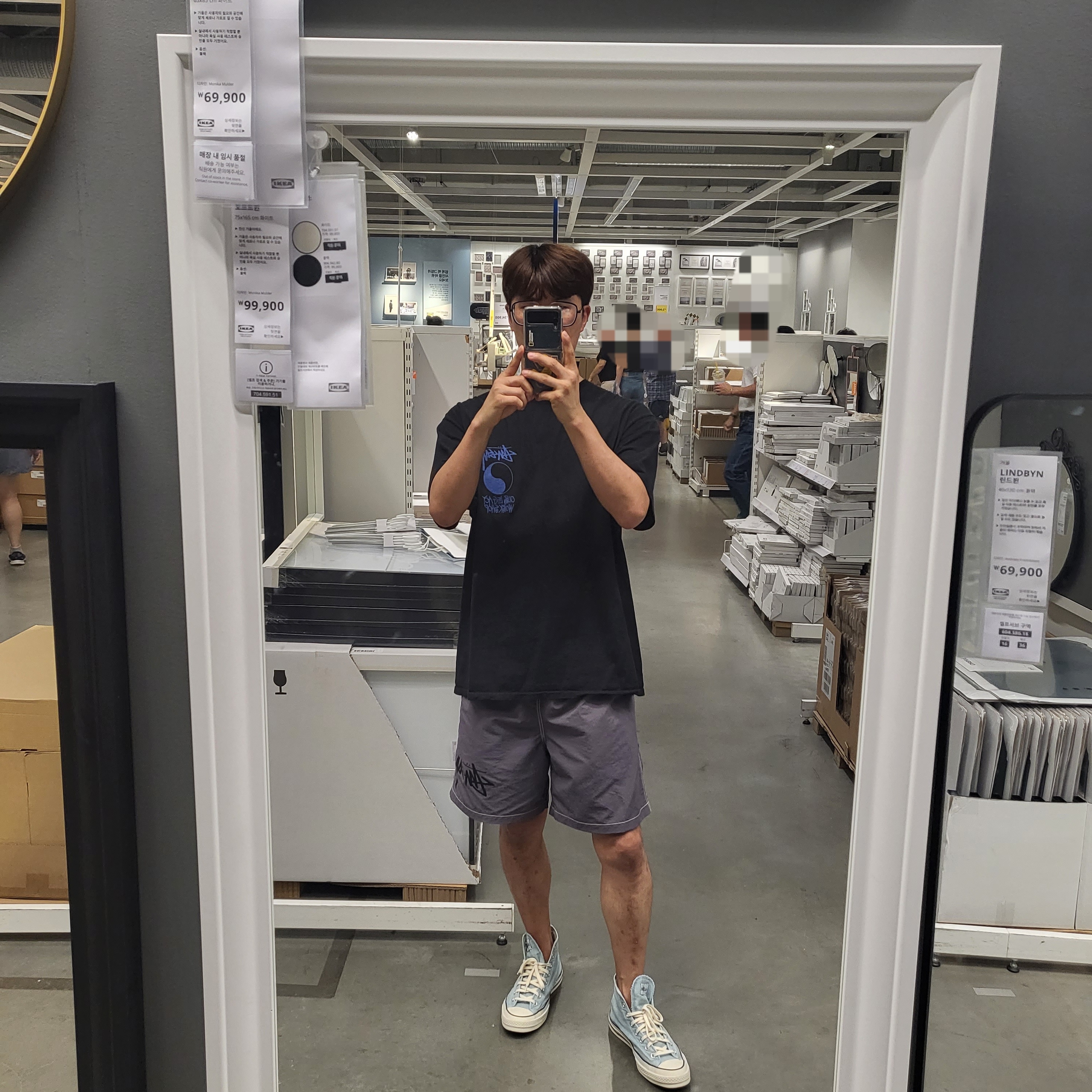 Converse x Stussy x Our Legacy Work Shop Chuck 70 High Pool Blue, Stussy x Our Legacy Work Shop Water Shorts Charcoal 착용 스타일