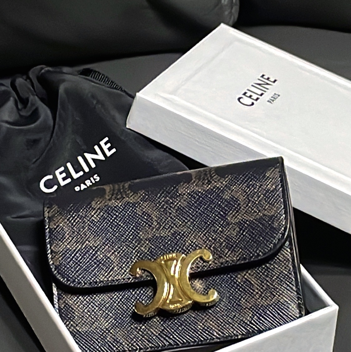 Celine Card Holder with Flap in Triomphe Canvas Tan 착용 스타일