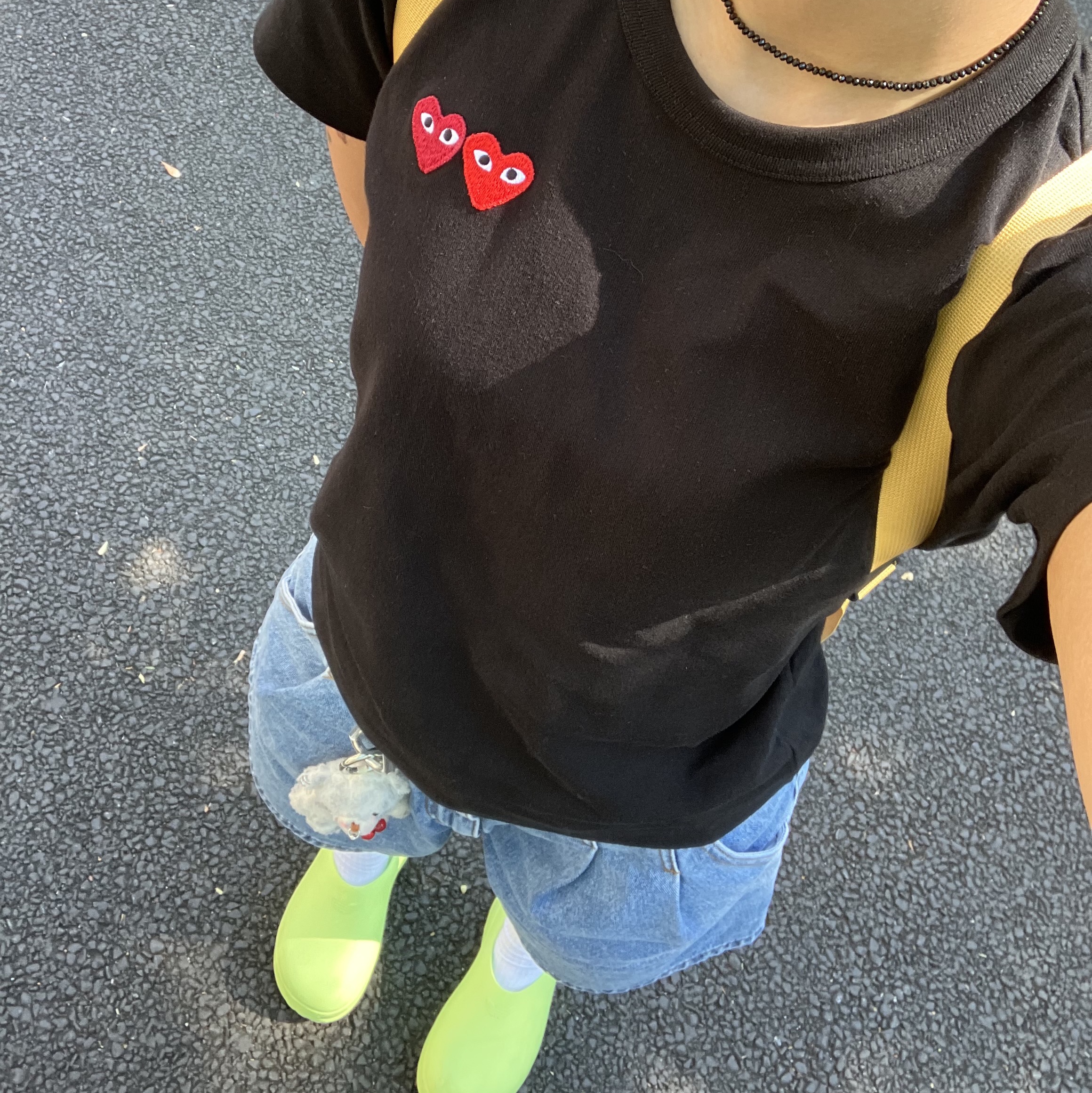 (W) Play Comme des Garcons Double Heart T-Shirt Black, (W) Adidas Adifom Stan Smith Mule Lucid Lemon 착용 스타일 - 1
