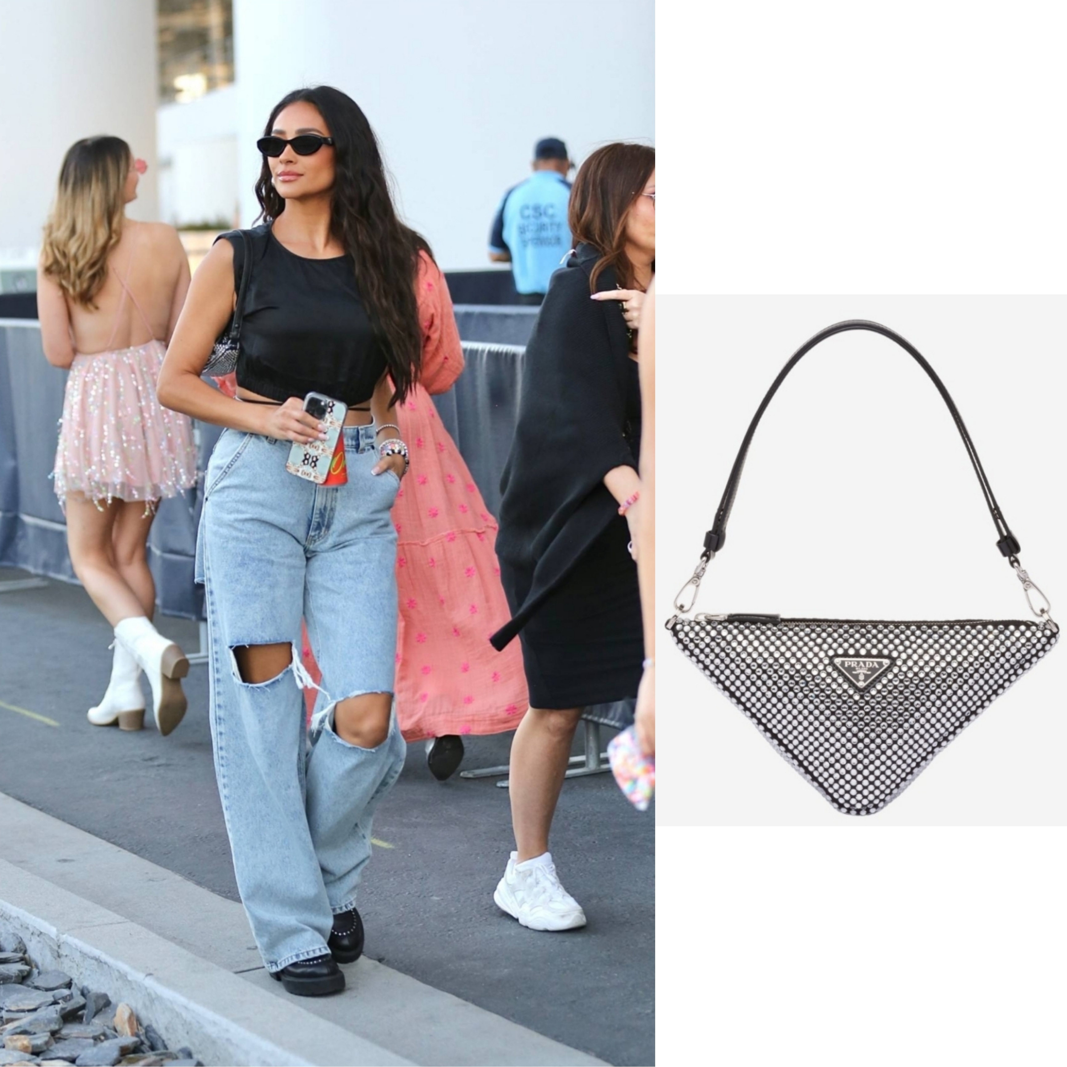 Prada Crystals Triangle Satin Mini Bag Crystal 착용 스타일