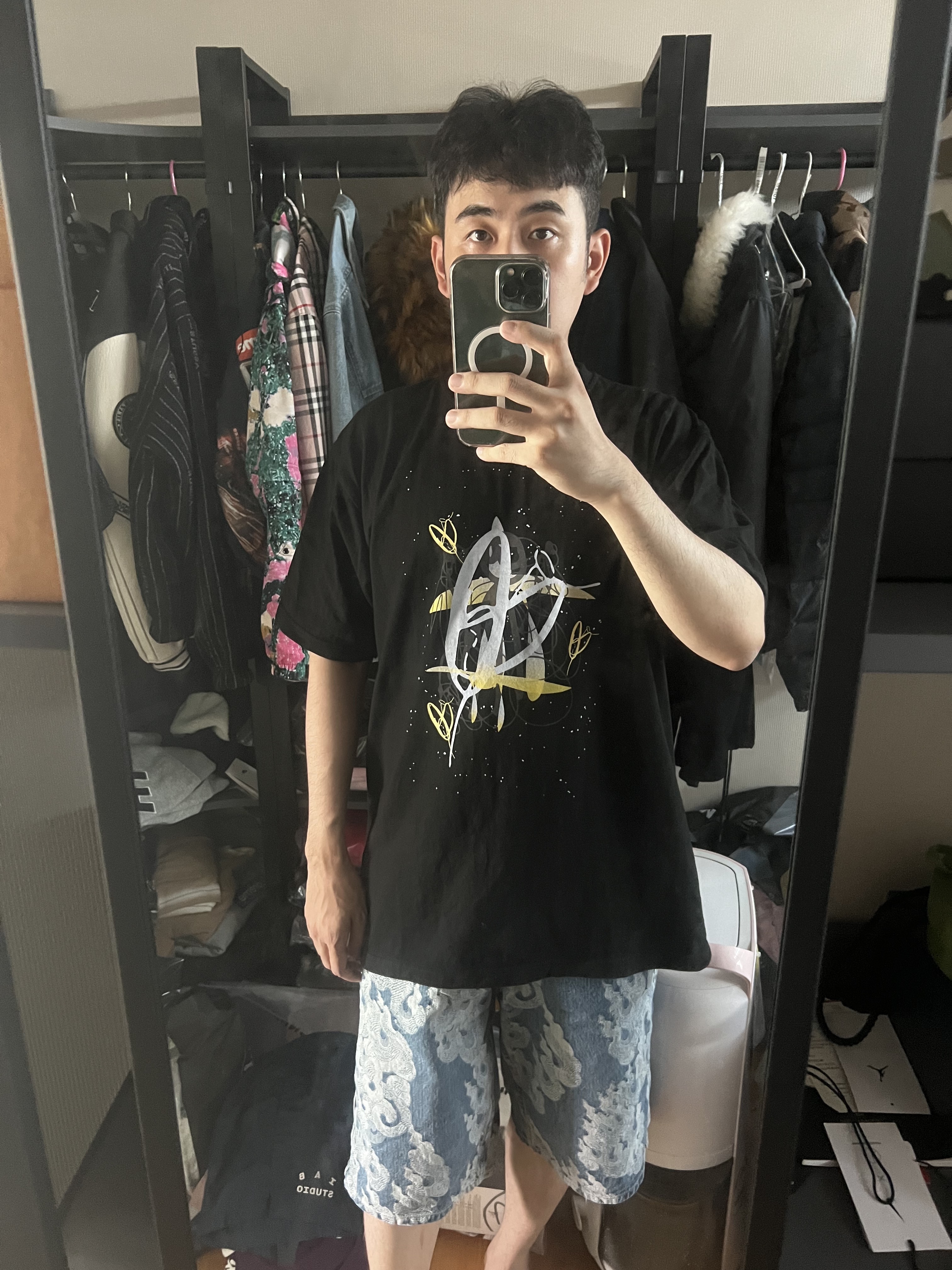 Supreme Flames Jacquard Baggy Denim Shorts Washed Indigo - 23SS 착용 스타일