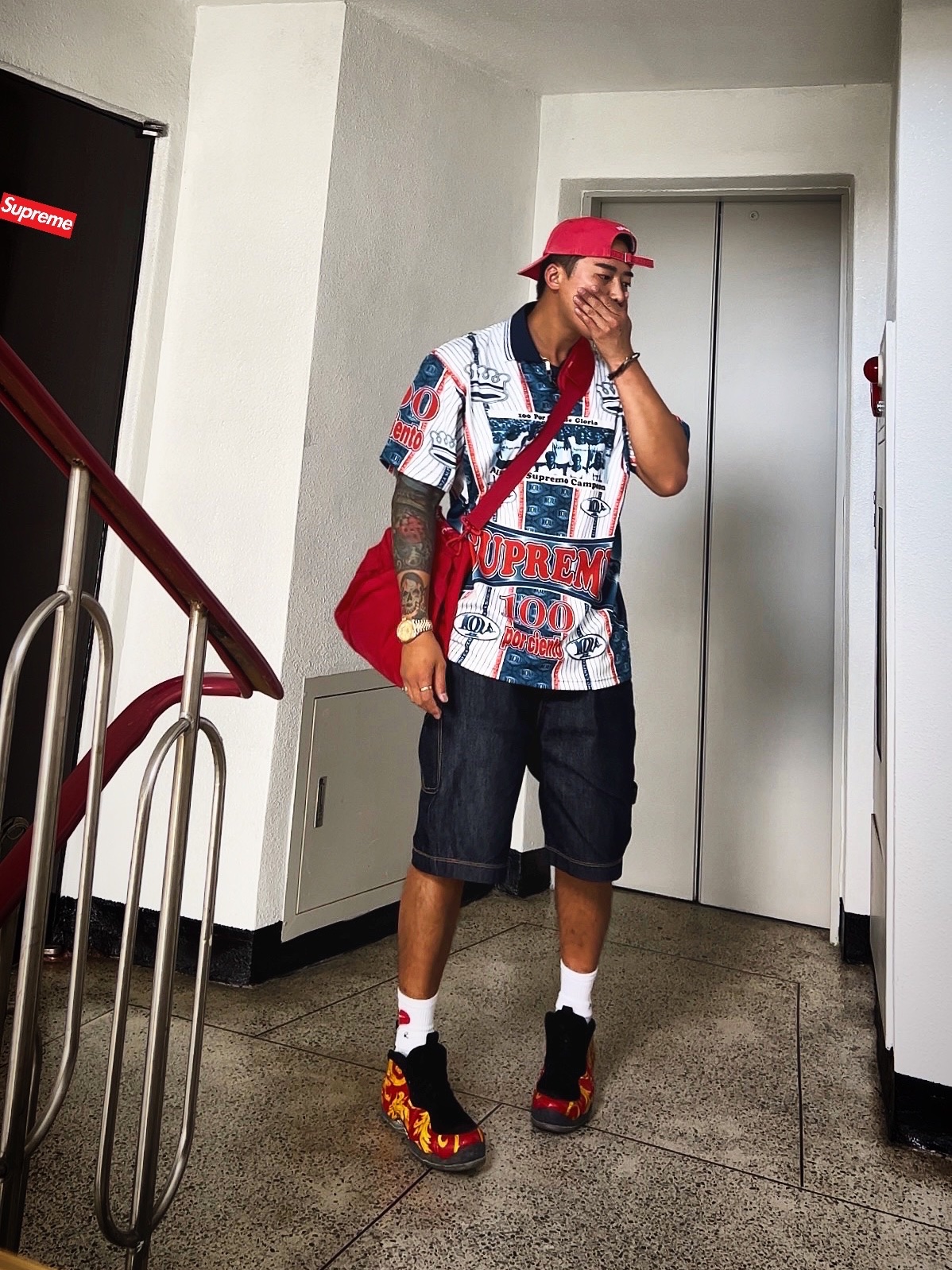 Supreme Pigment Canvas S Logo 6-Panel Red - 23SS, Nike x Supreme Air Foamposite One Red 착용 스타일 - 1