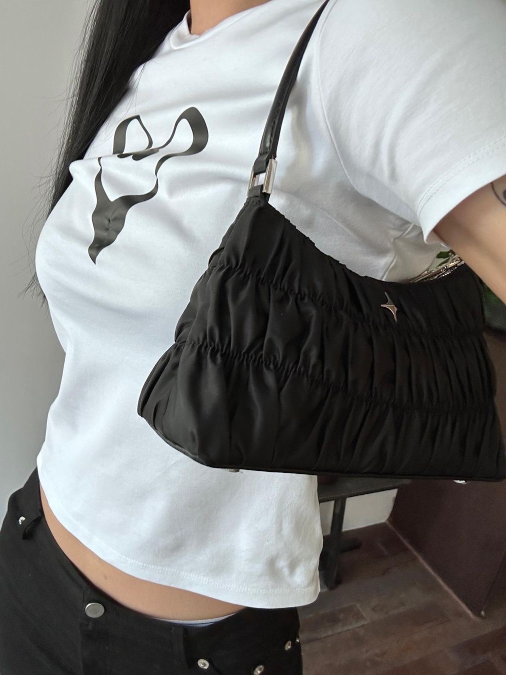 For Appeal Women Sparkle Star Shirring Hobo Bag Black 착용 스타일 - 2