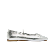 (W) Zara Metallic Ribbon Leather Ballerina Flat Shoes Silver