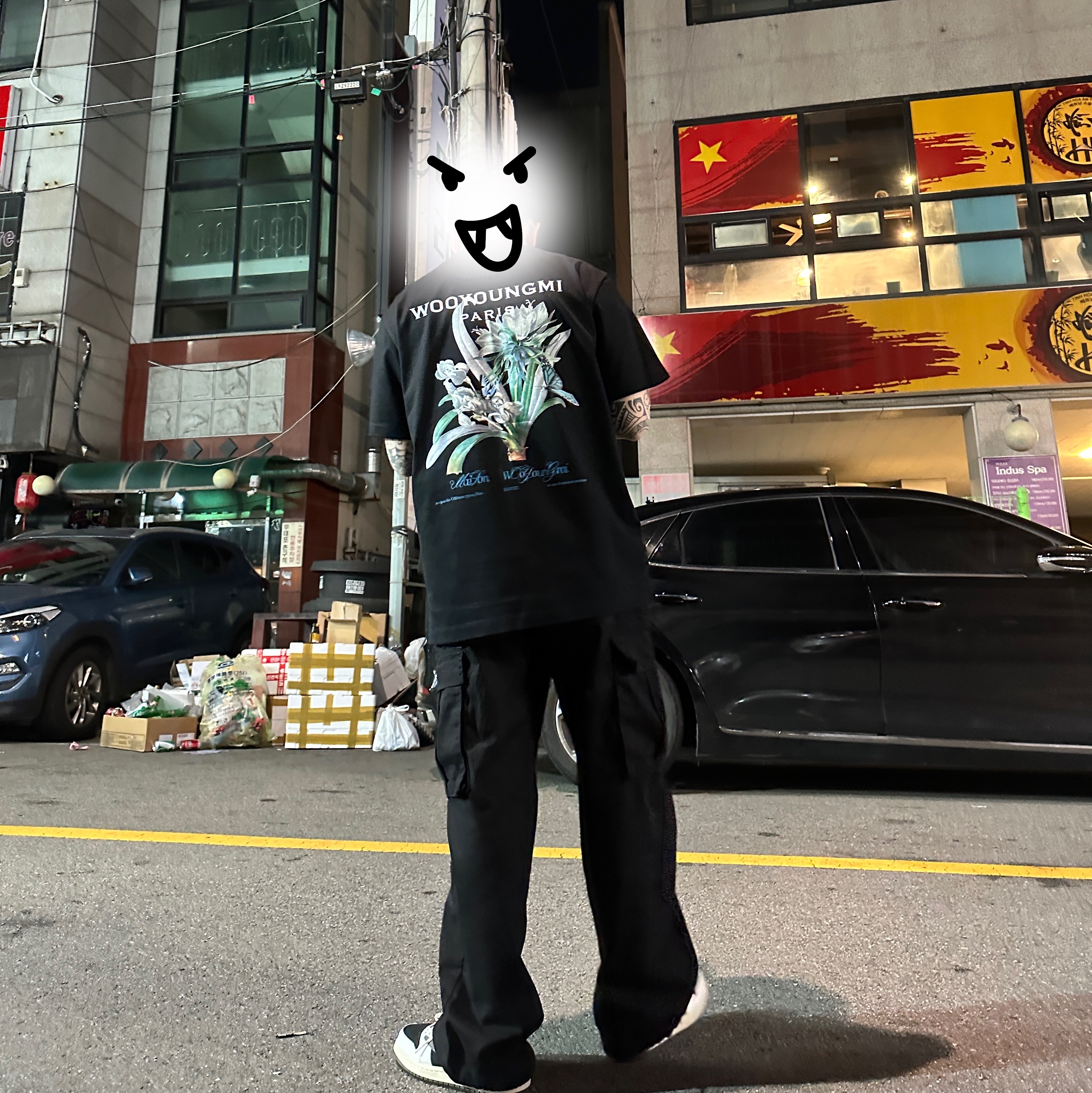Wooyoungmi Flower Print Back Logo T-Shirt Black - 23SS, (W) Jordan 1 x Travis Scott Retro Low OG SP Medium Olive 착용 스타일