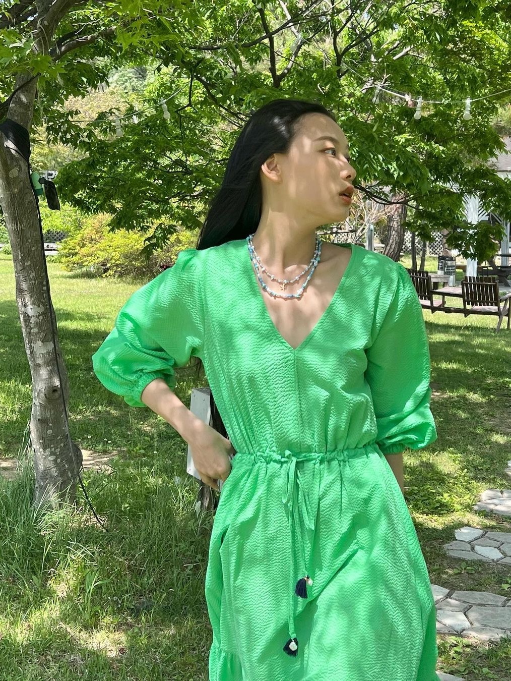 Green Butter Women Seersucke Pearl Tassel Long One-Piece Yellow Green, Green Butter Women Seersucke Pearl Tassel Long One-Piece Navy 착용 스타일 - 2