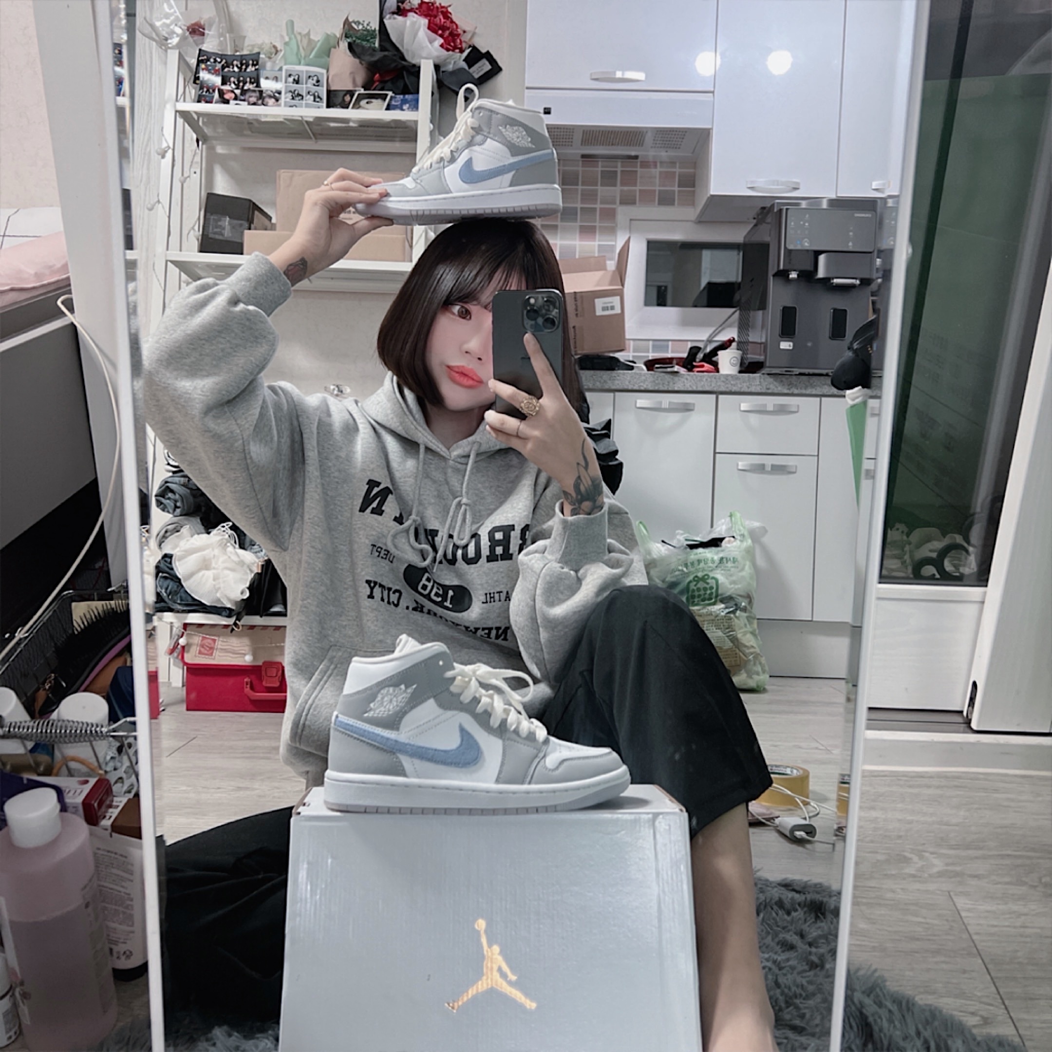 (W) Jordan 1 Mid Wolf Grey 착용 스타일