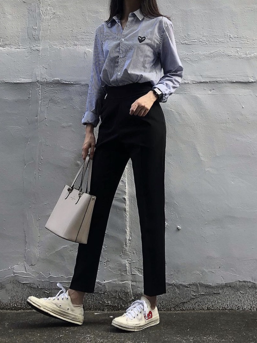 (W) Play Comme des Garcons Striped Black Heart Shirt Blue, Converse x Play Comme des Garcons Chuck 70 Ox White 착용 스타일