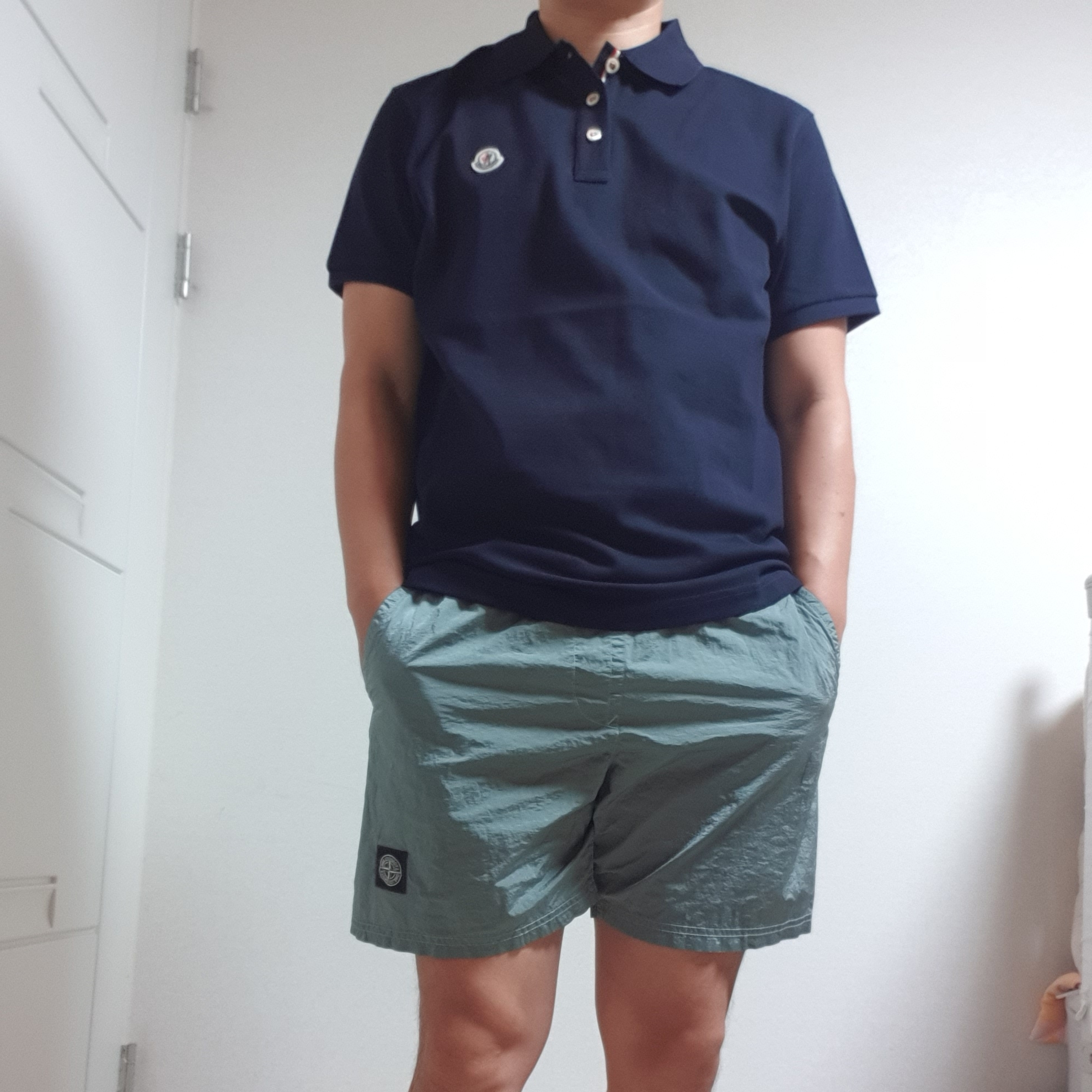 Moncler Logo Polo Shirt Navy Blue - 23SS, Stone Island B0943 Nylon Metal Swimming Trunk Sky Blue - 23SS 착용 스타일 - 2