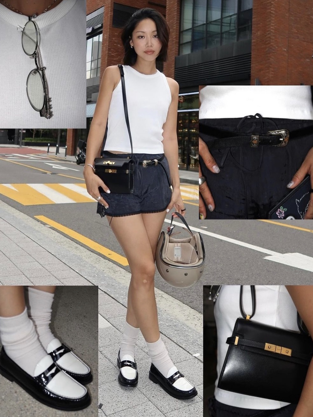 Saint Laurent Manhattan Small Shoulder Bag In Patent Leather Black 착용 스타일