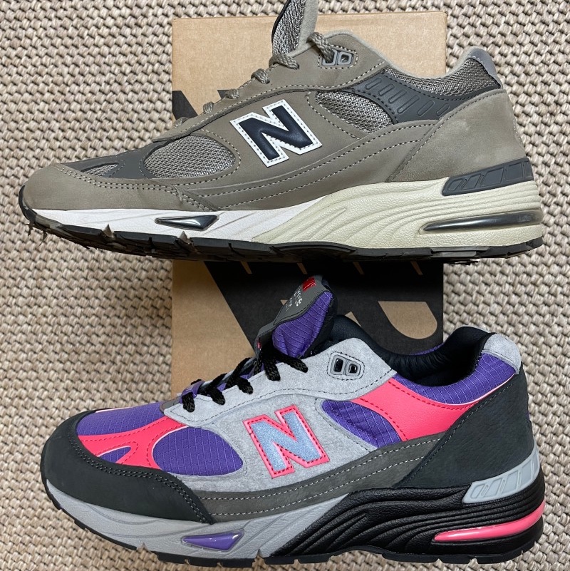 New Balance x Palace 991 Made in UK Black Ultra Violet, New Balance 991 Made in UK 20th Anniversary Grey 착용 스타일 - 2