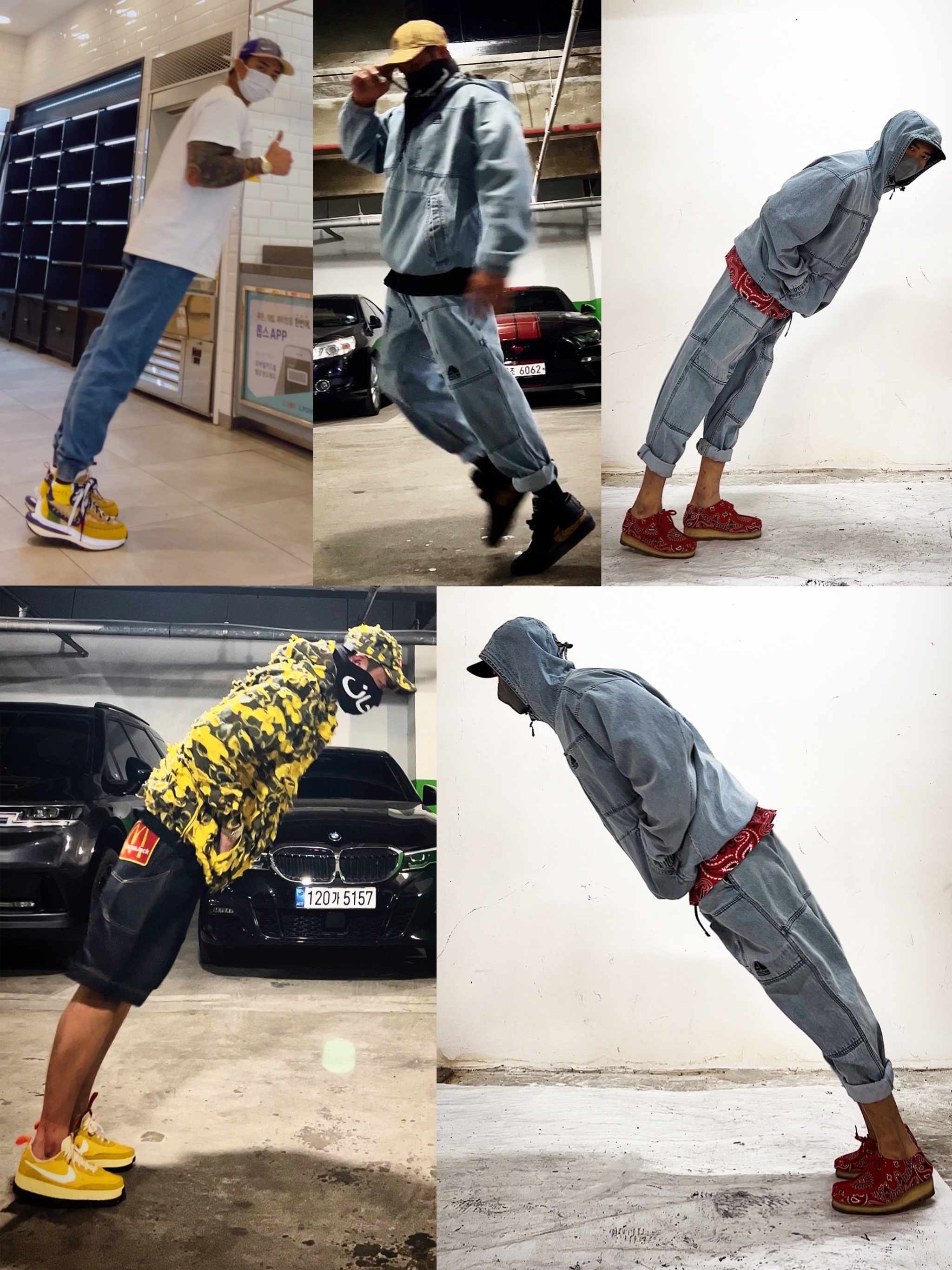 Nike x Sacai x Jean Paul Gaultier VaporWaffle Sesame Blue Void, Jordan 5 x Off-White Retro SP Sail Fire Red 착용 스타일 - 1