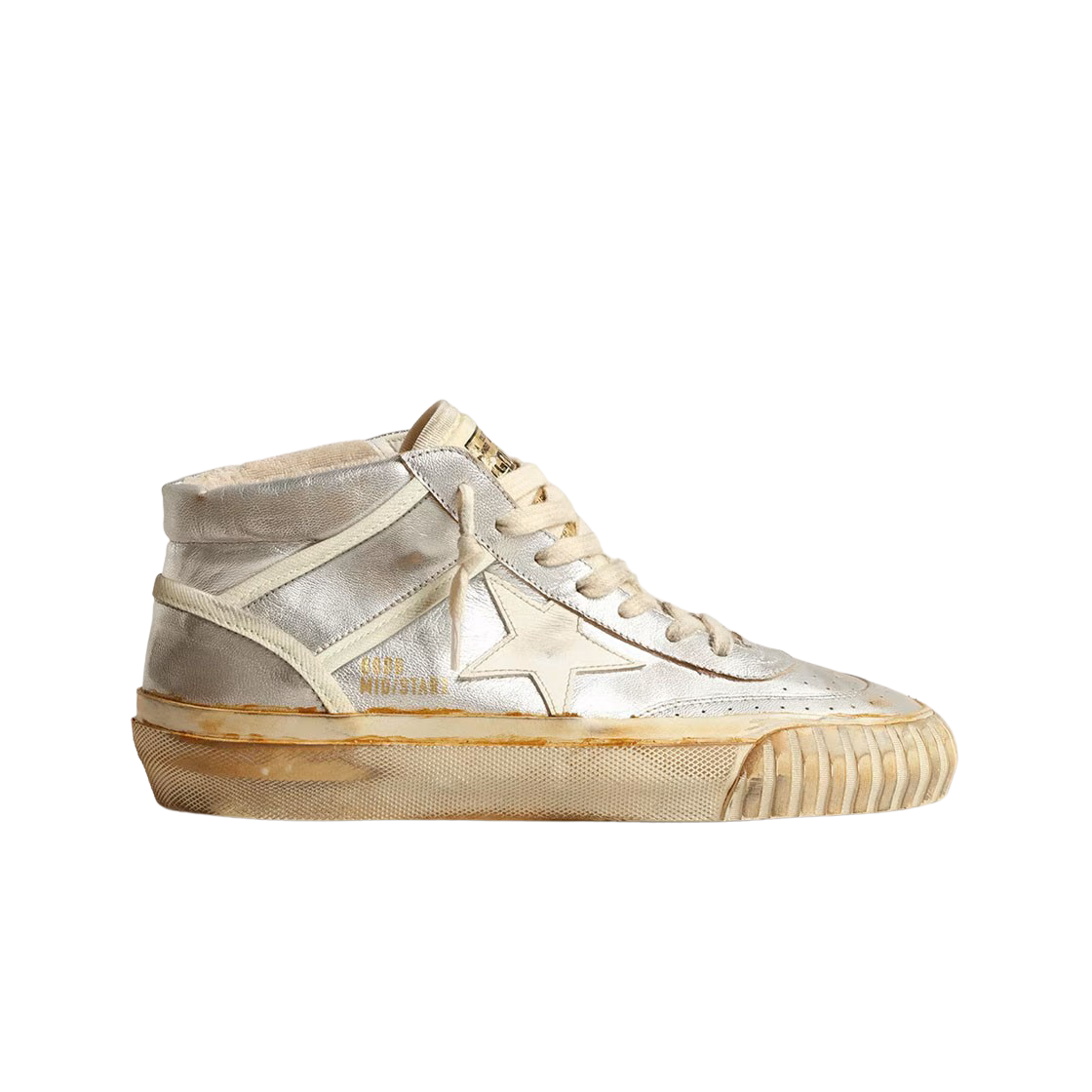 골든구스 미드스타 아이보리 레더 스타 실버 메탈릭 스니커즈(Golden Goose Mid Star Silver Metallic with Ivory Leather Star Sneakers) - 1