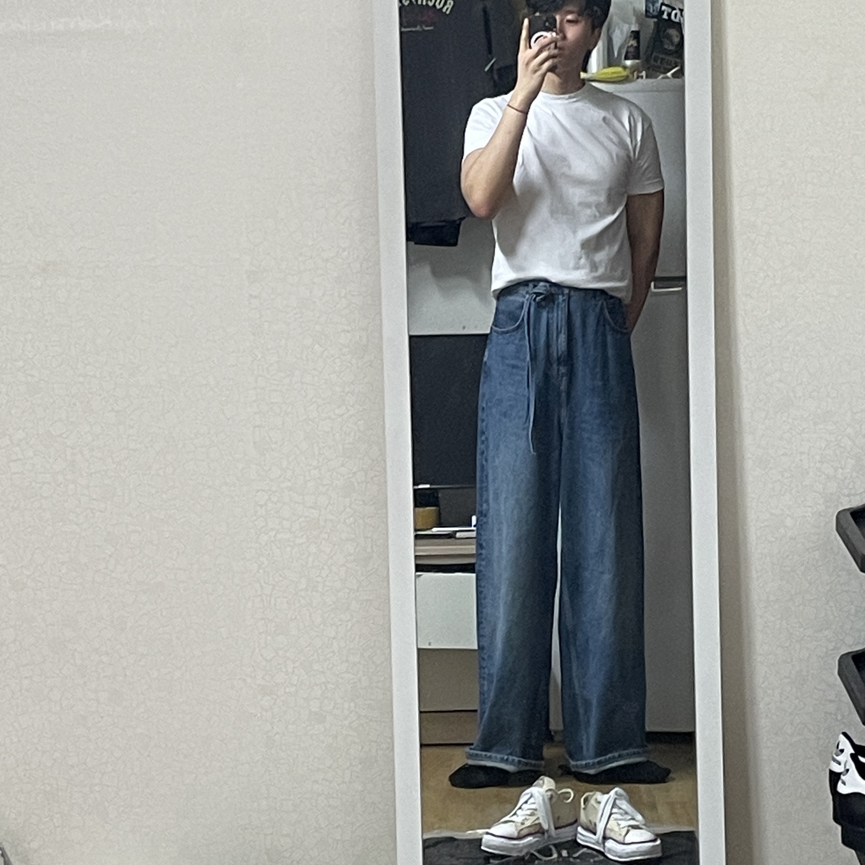 Maison Mihara Yasuhiro Peterson OG Sole Canvas Low-top Sneakers Natural, Zara x Rhuigi Baggy Jeans Medium Blue 착용 스타일