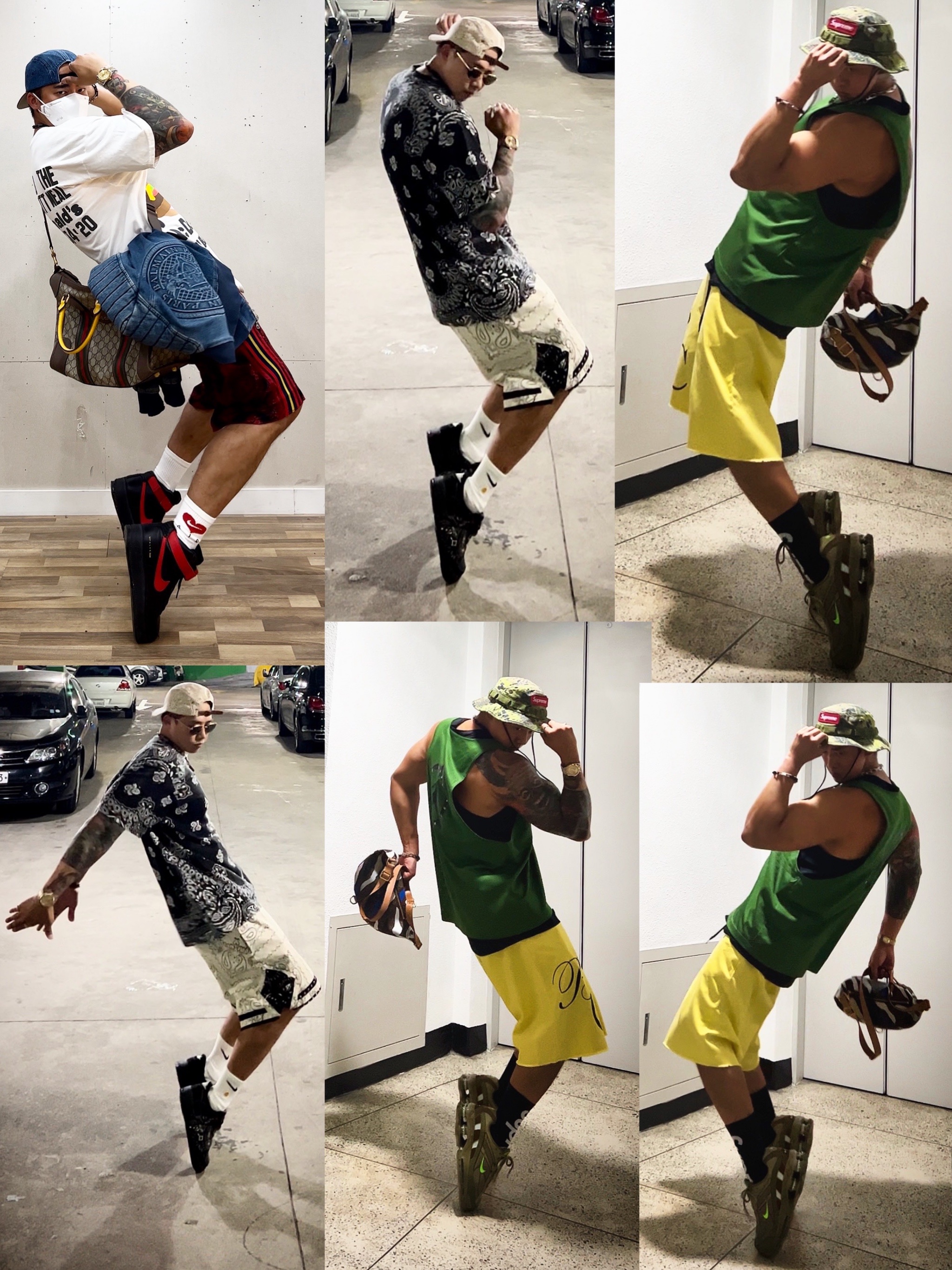 Nike x Supreme SB Zoom Blazer Mid QS 2 Black, Clarks x Supreme Wallabee Bandana Red 착용 스타일 - 3