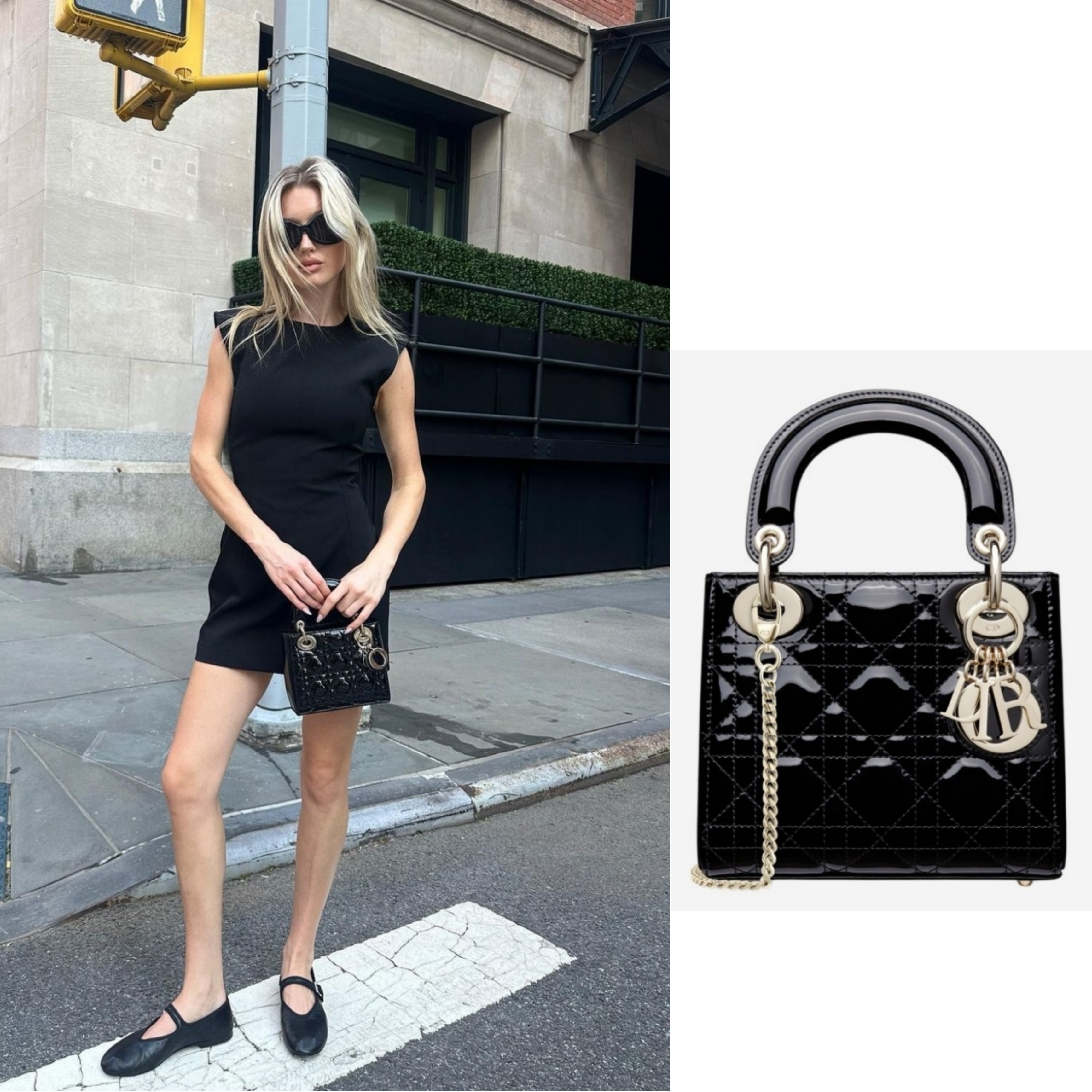 Dior Mini Lady Bag Patent Cannage Calfskin Black, Dior Small Lady Bag My ABCDior Cannage Lambskin Black 착용 스타일