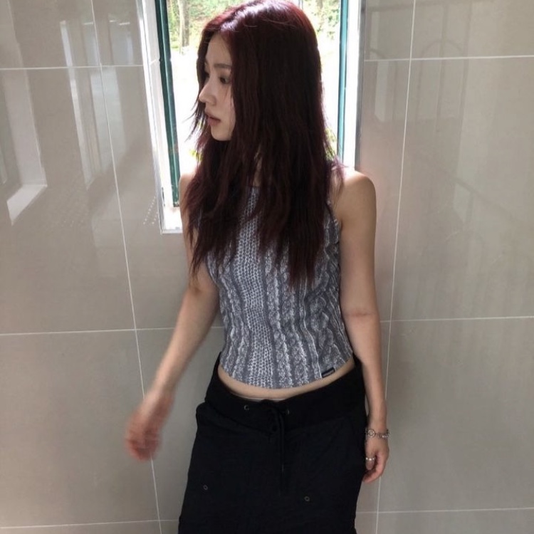 Safarispot Women 1/2 Knit Print Sleeveless Gray 착용 스타일 - 2