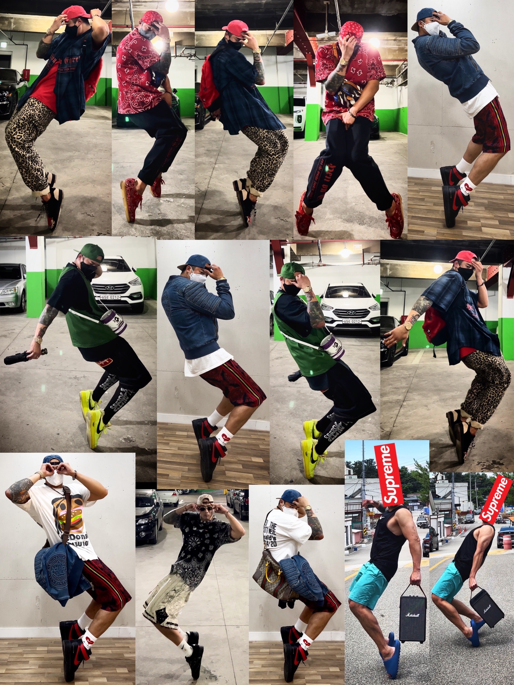 Nike x Supreme SB Zoom Blazer Mid QS 2 Black, Clarks x Supreme Wallabee Bandana Red 착용 스타일 - 2