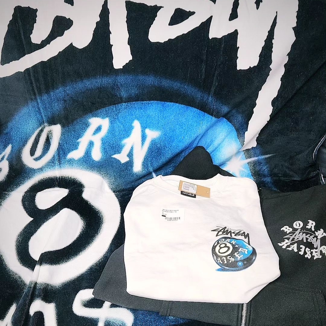 Stussy x Born X Raised 8 Ball T-Shirt White, Stussy x Born X Raised Beach Towel Multi 착용 스타일
