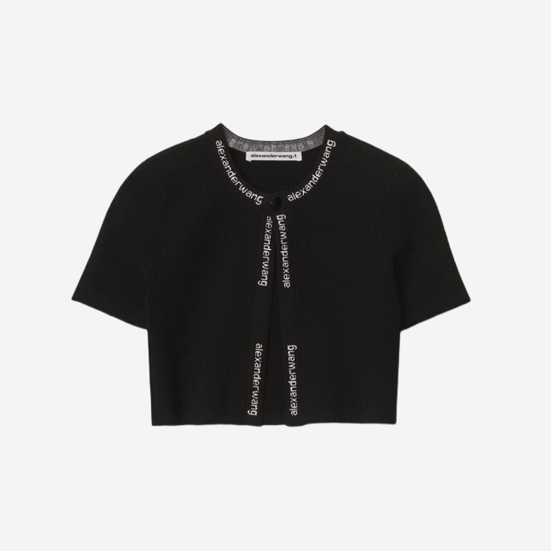 (W) Alexander Wang Jacquard Short Sleeve Logo Cardigan in Stretch Knit Black 상세 이미지 1