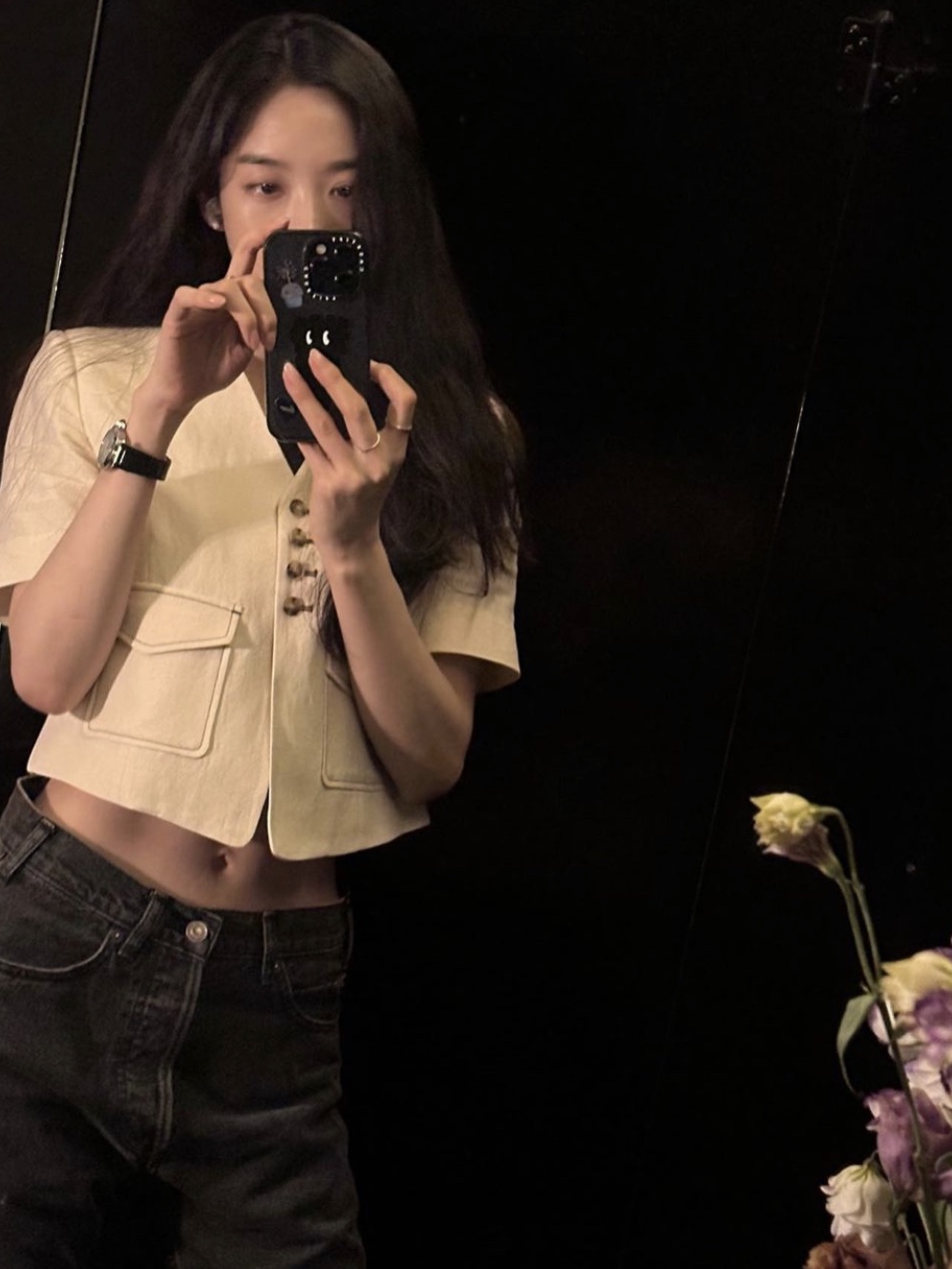 Enor Women Single Stitch Detailed Crop Jacket Cream 착용 스타일