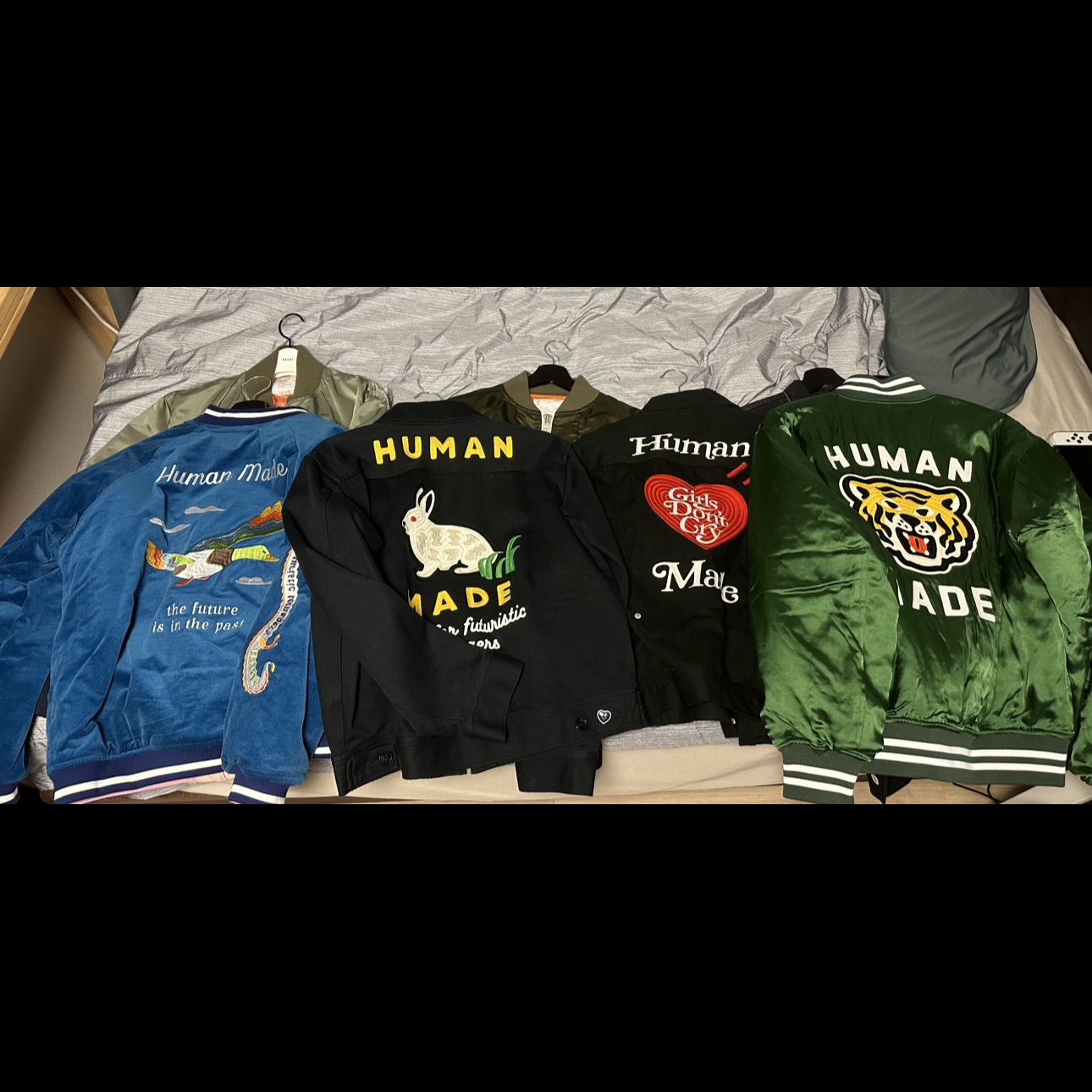 Human Made Stadium Jacket Green, Human Made x Verdy Girls Don't Cry Work Jacket Black 착용 스타일