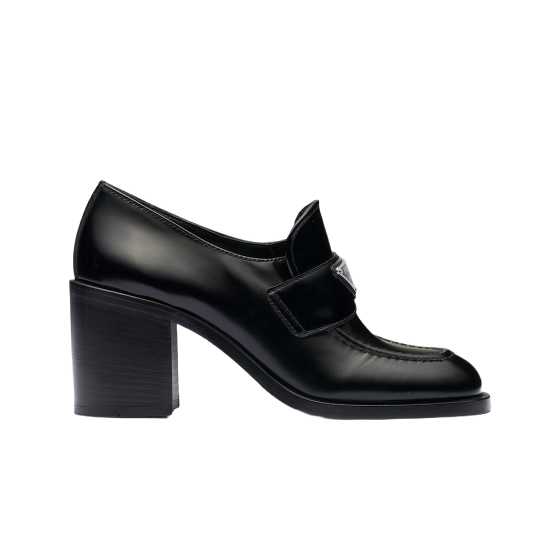 (W) Prada Brushed Leather High-Heel Loafers Black