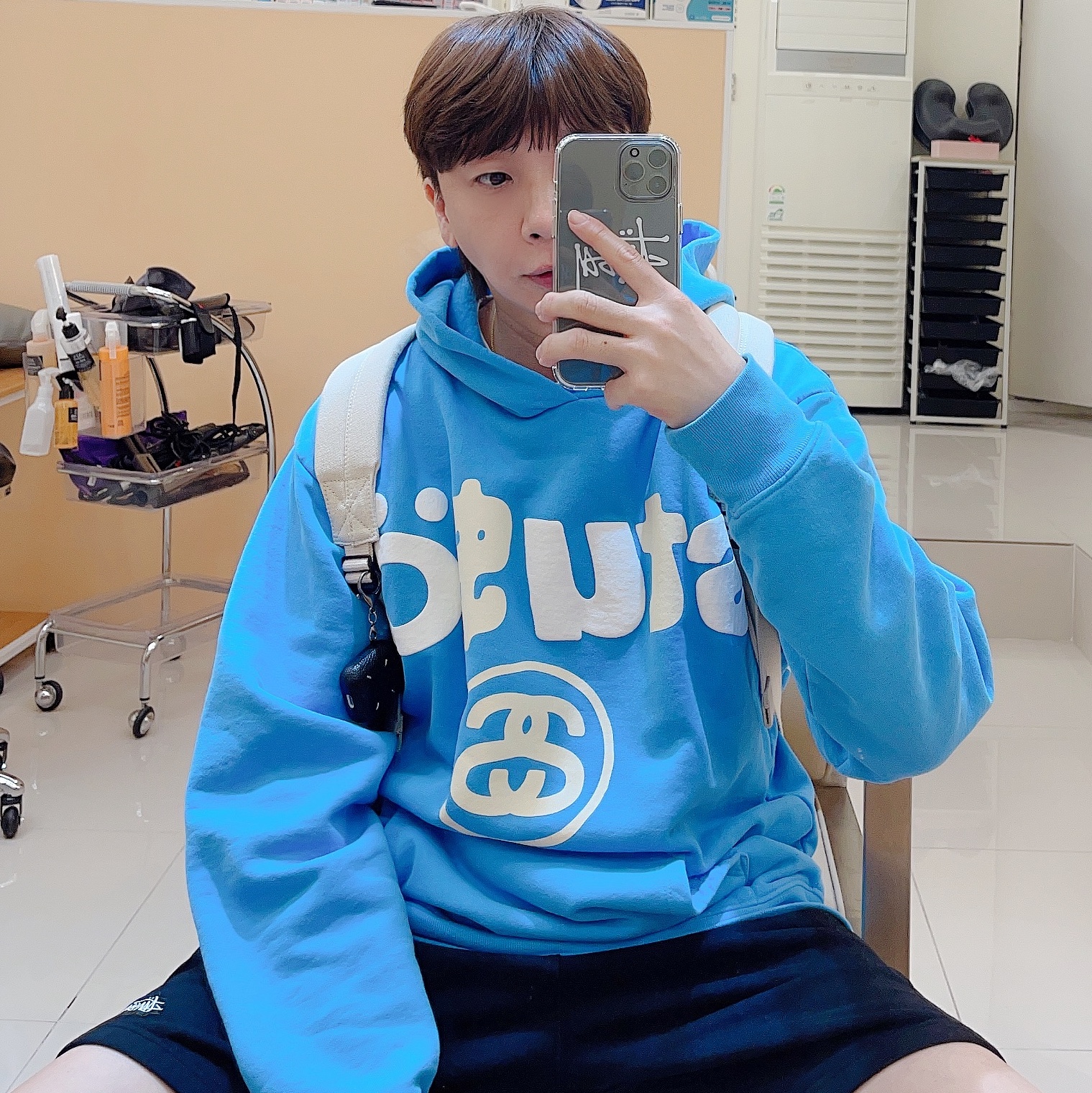 Stussy x Cactus Plant Flea Market 8 Ball Pigment Dyed Hoodie Blue, Stussy Overdyed Stock Logo Shorts Black 착용 스타일