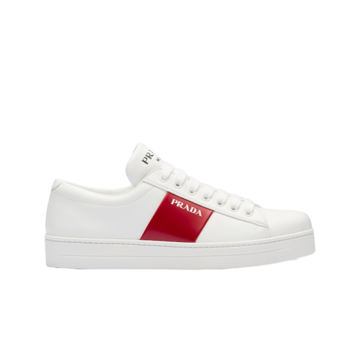 (W) Prada Leather Laced Sneakers Logo White Scarlet