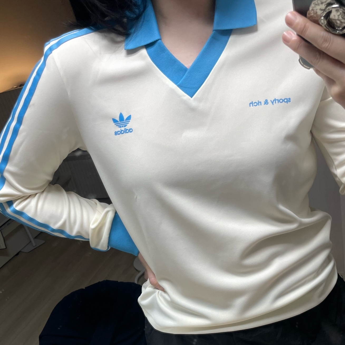 (W) Adidas x Sporty & Rich Long Sleeve Football Jersey Cream White - US Sizing 착용 스타일