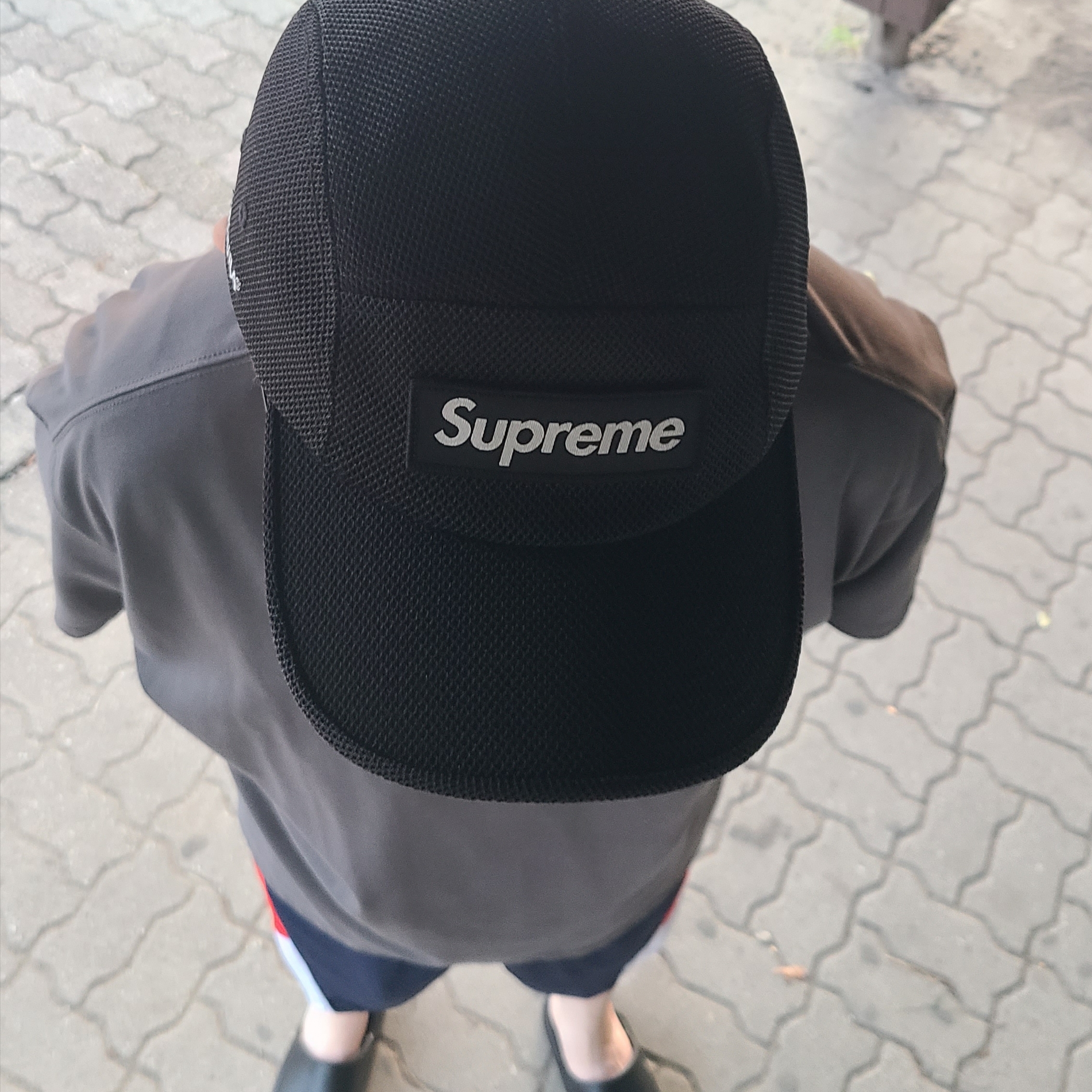 Supreme Mesh Cordura Camp Cap Black - 23SS, Nike Calm Slide Black 착용 스타일