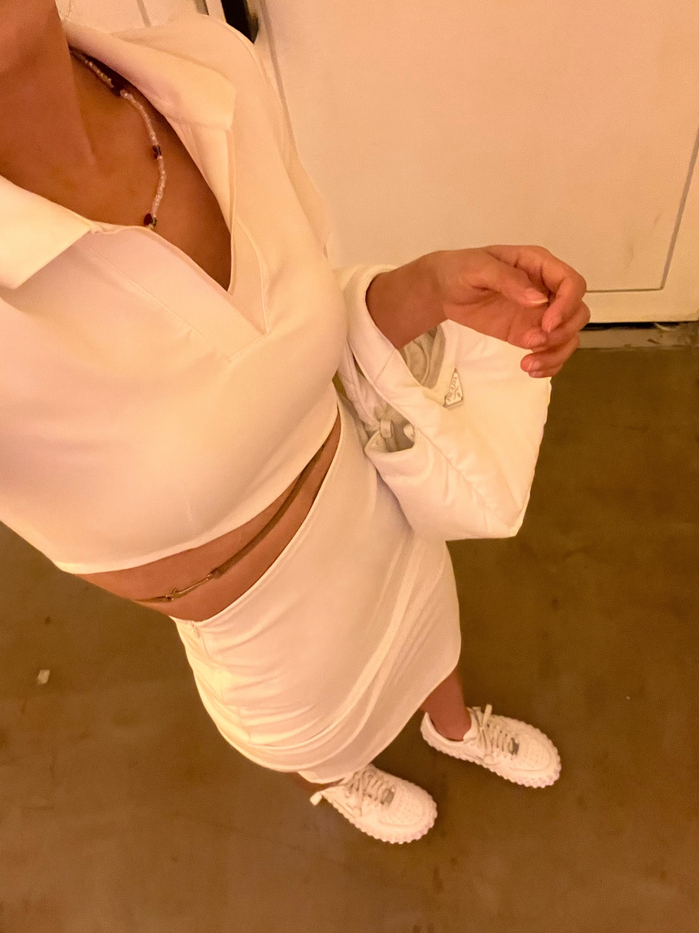 Nike x Jacquemus J Force 1 Low LX SP White, Prada Small Padded Prada Soft Nappa Leather Bag White 착용 스타일 - 4