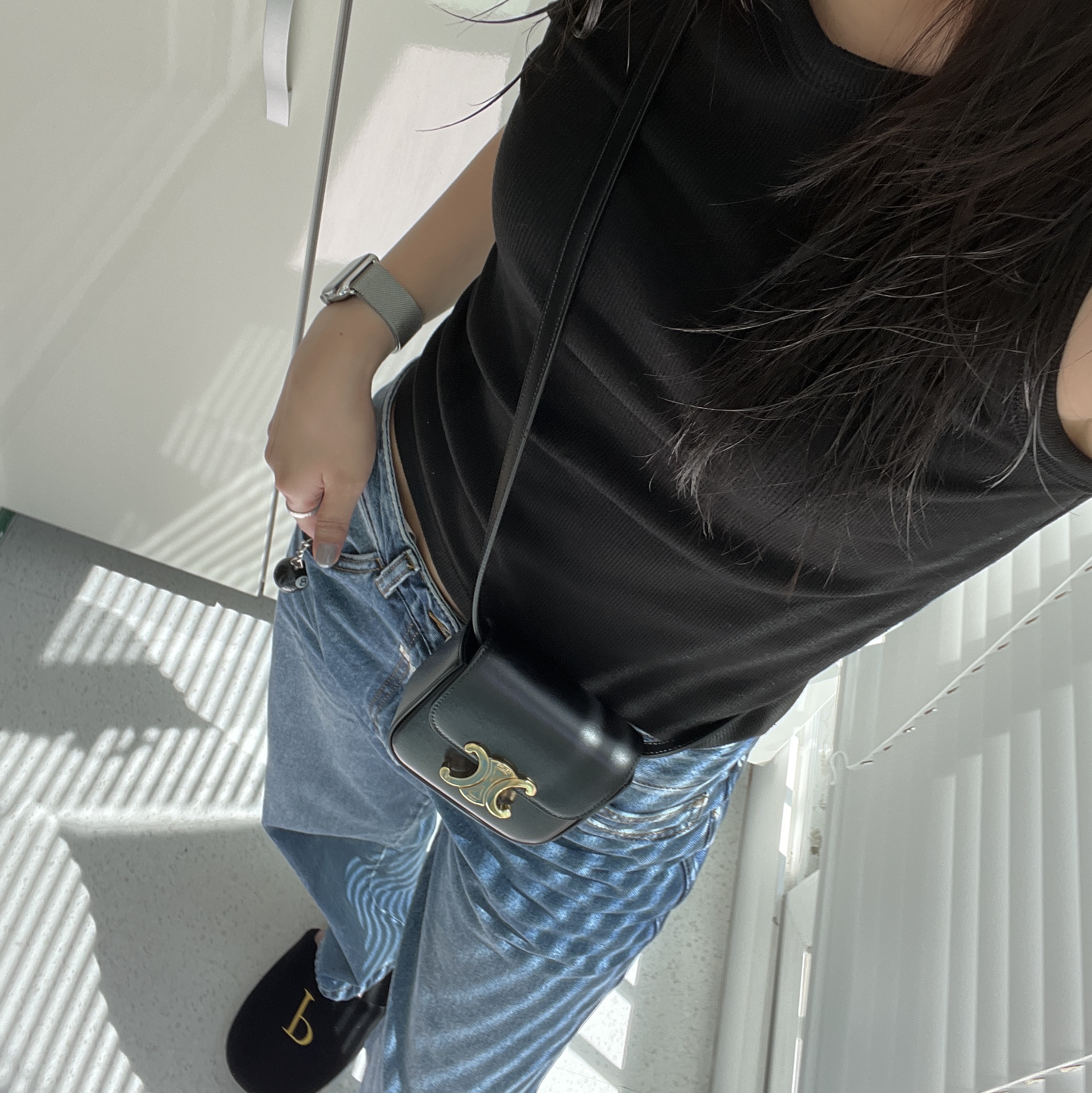 Celine Mini Claude in Shiny Calfskin Black, Stussy 8 Ball Keychain Black 착용 스타일 - 1